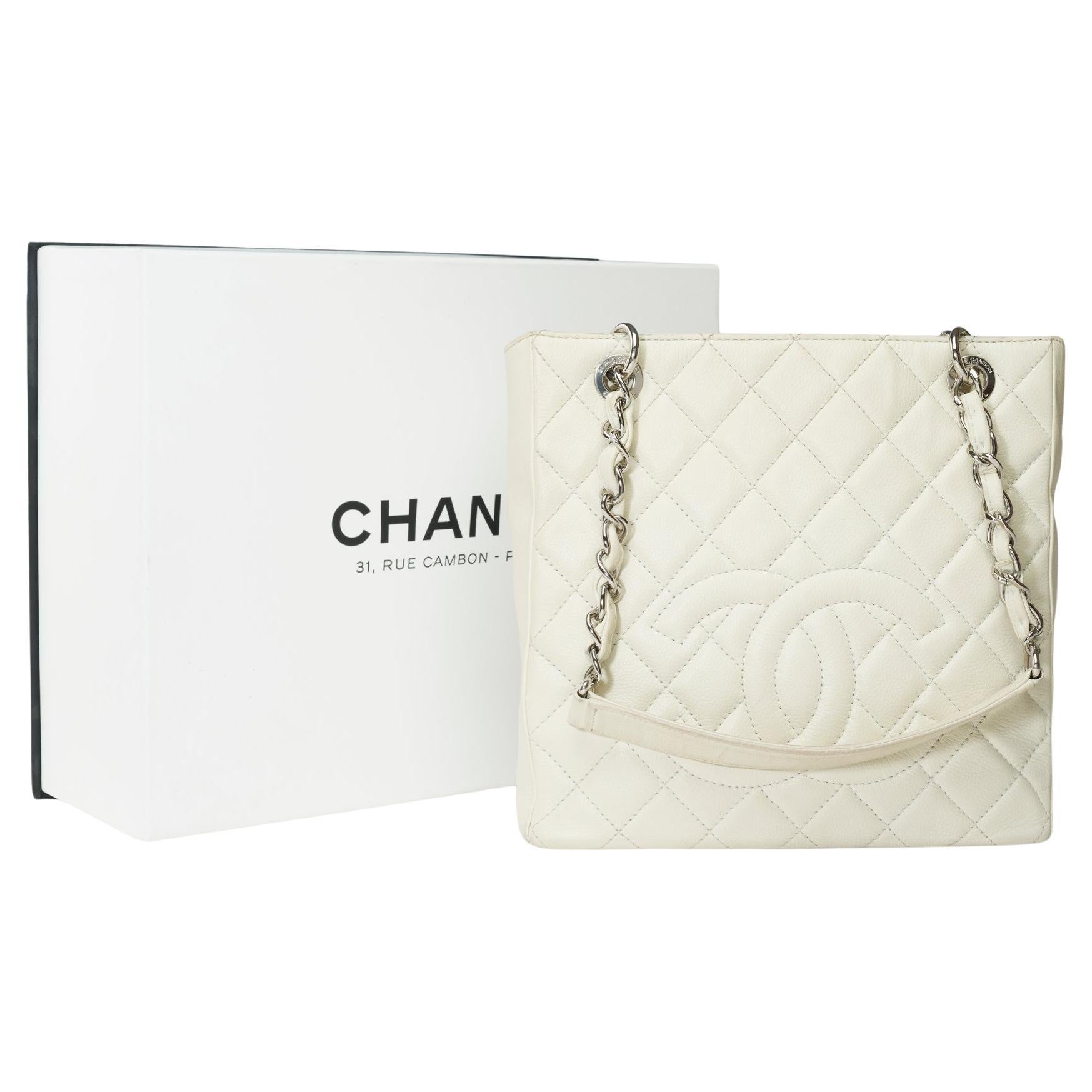  Chanel Petit Shopping Tote bag (PST) en cuir matelassé Off-White Caviar, SHW en vente