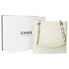 Used  Chanel Petit Shopping Tote bag (PST) in Off-White Caviar quilted leather, SHW