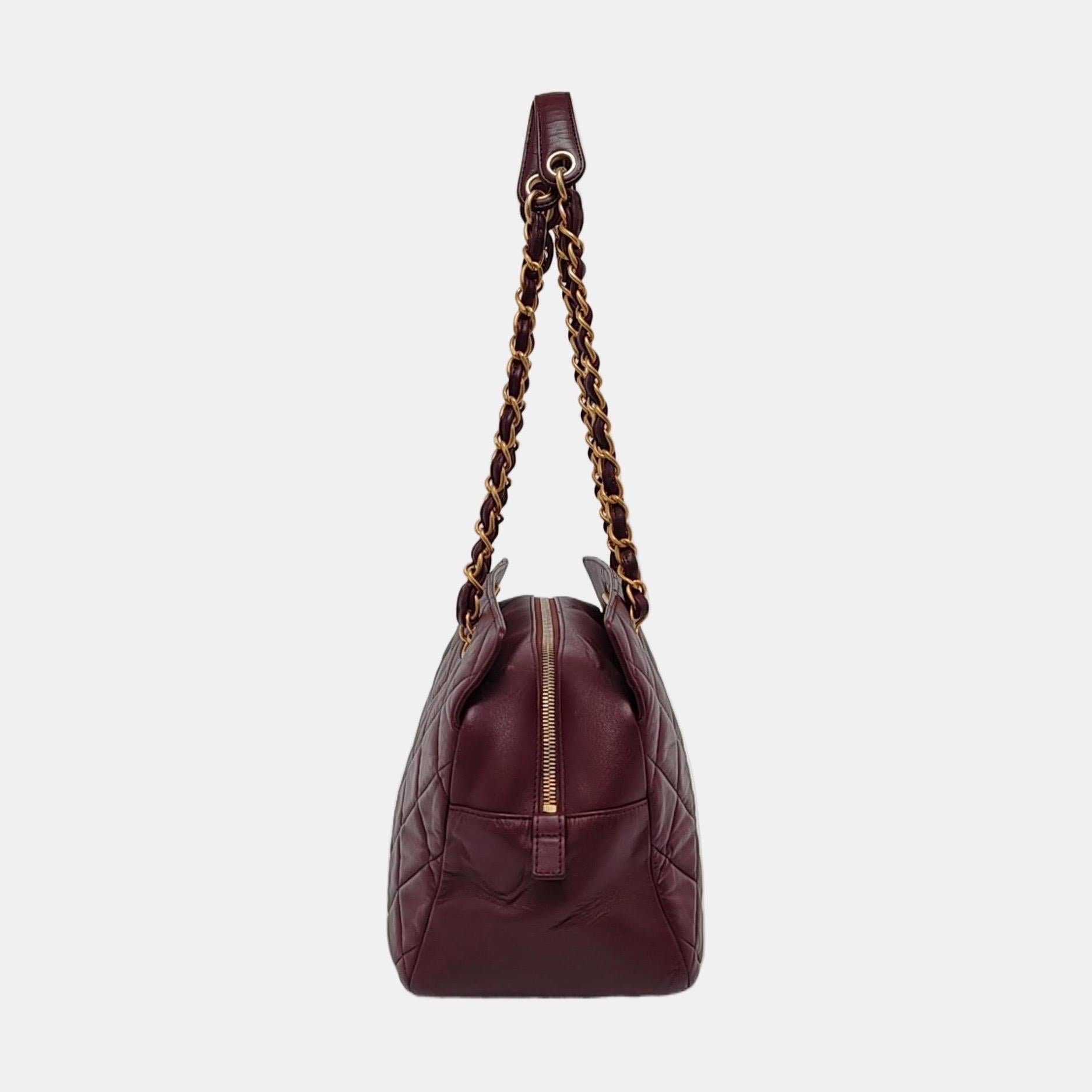 Black Chanel Petite Shopping Tote PTT Burgundy Lambskin Leather Gold-Tone Chain Shoppi For Sale