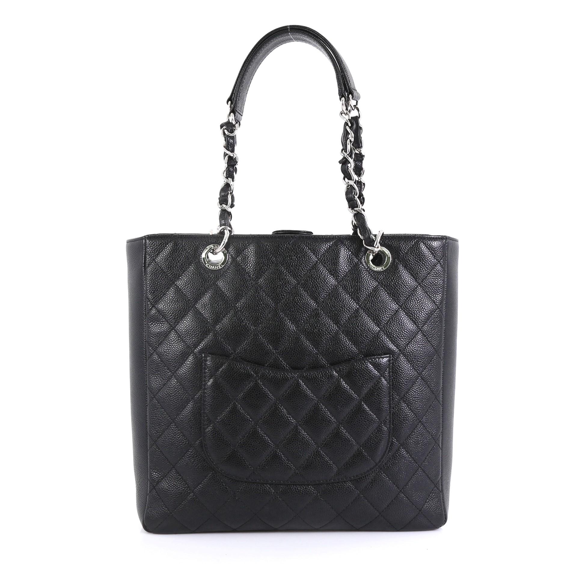 Black Chanel Petite Shopping Tote Quilted Caviar Large