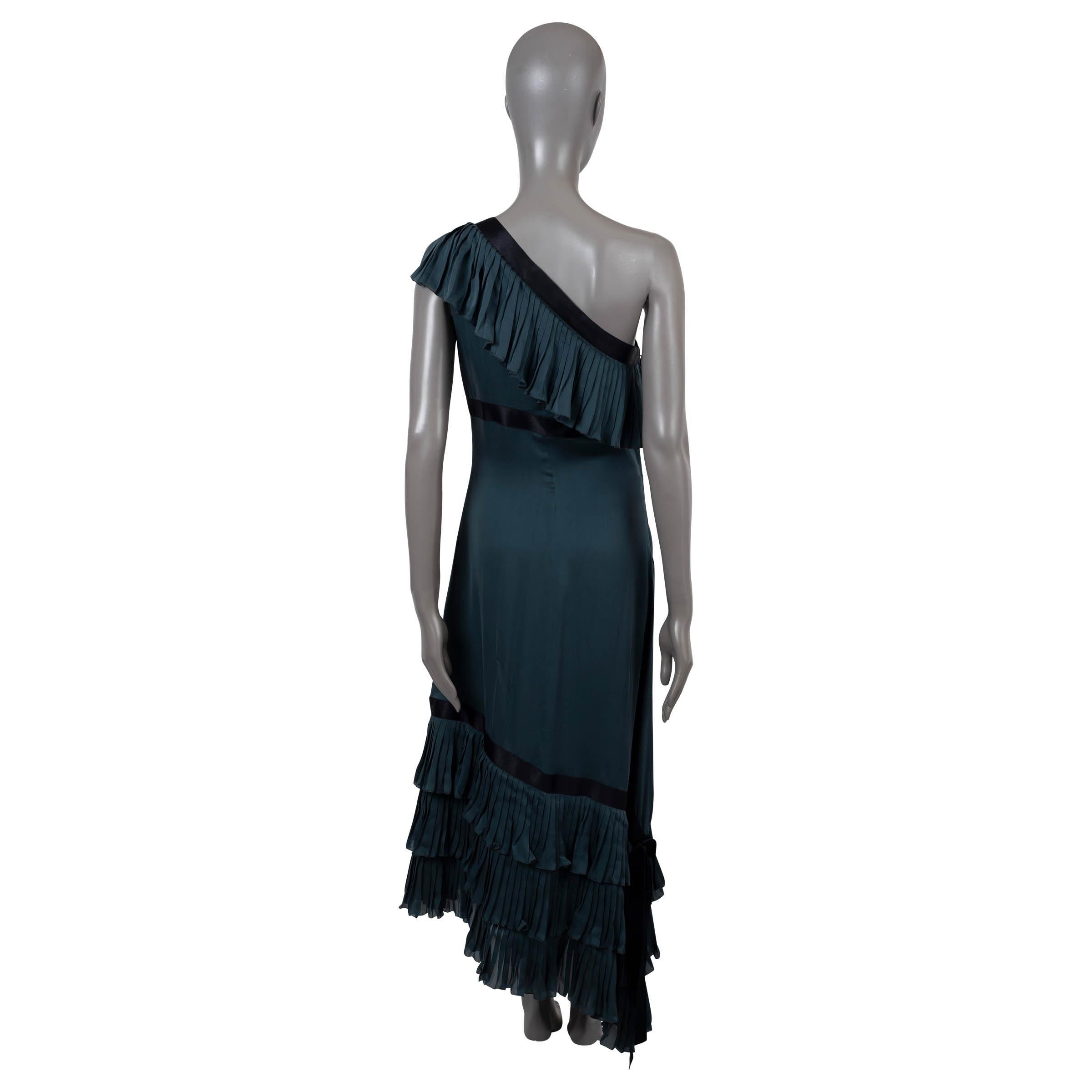 Black CHANEL petrol silk 2006 06C ASYMMETRIC PLEAT TRIM MIDI Dress 40 M For Sale