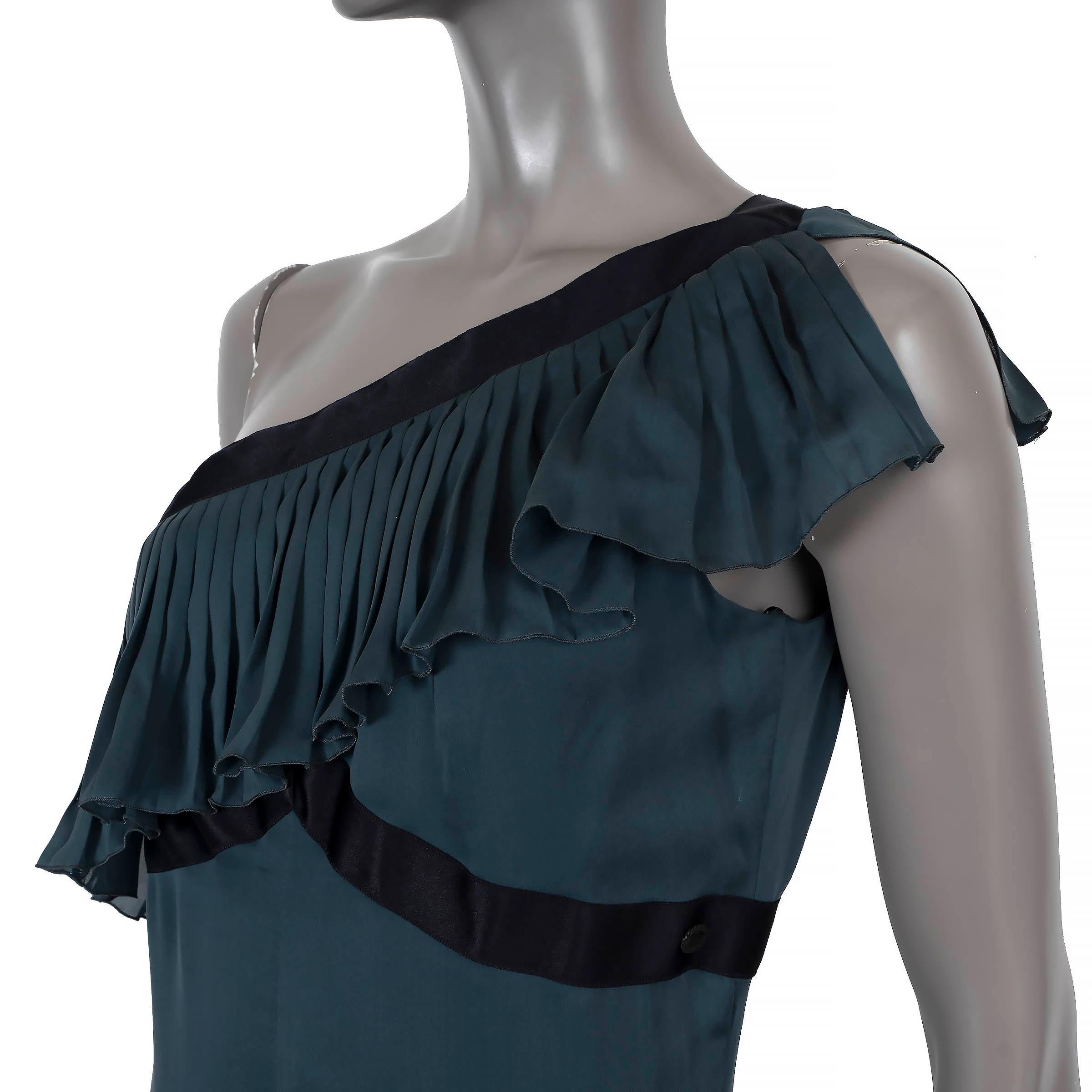 Women's CHANEL petrol silk 2006 06C ASYMMETRIC PLEAT TRIM MIDI Dress 40 M For Sale
