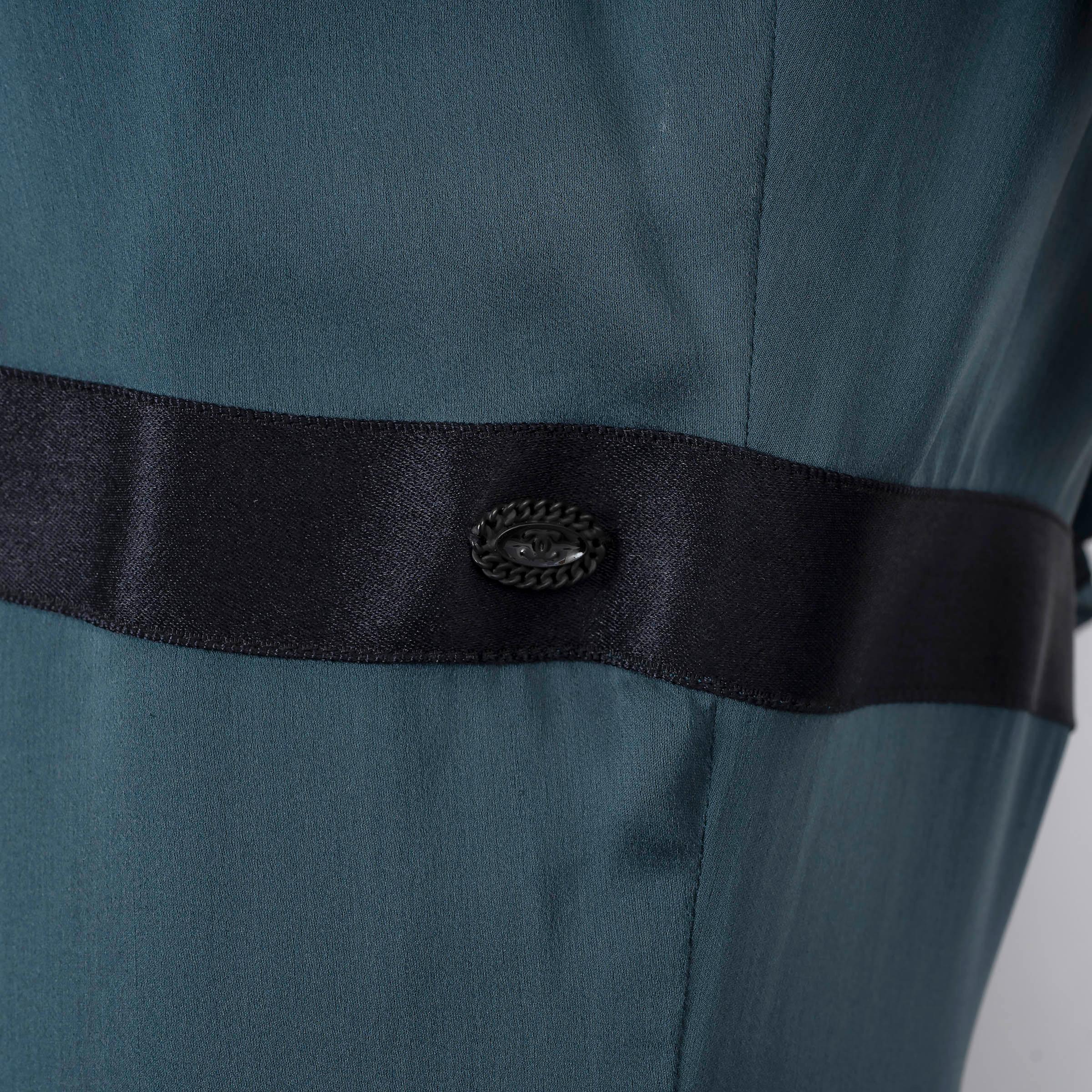 CHANEL petrol silk 2006 06C ASYMMETRIC PLEAT TRIM MIDI Dress 40 M For Sale 1