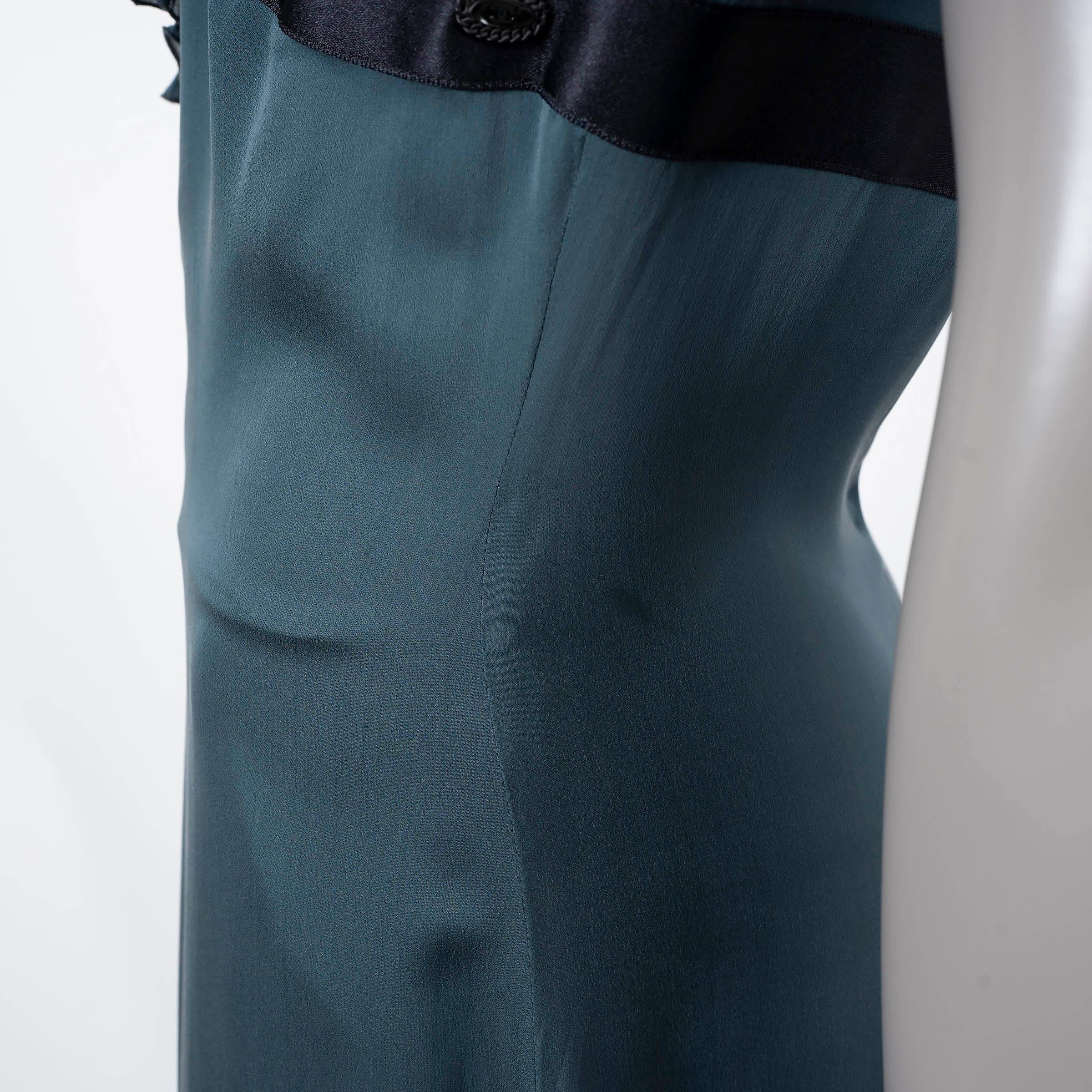 CHANEL petrol silk 2006 06C ASYMMETRIC PLEAT TRIM MIDI Dress 40 M For Sale 2