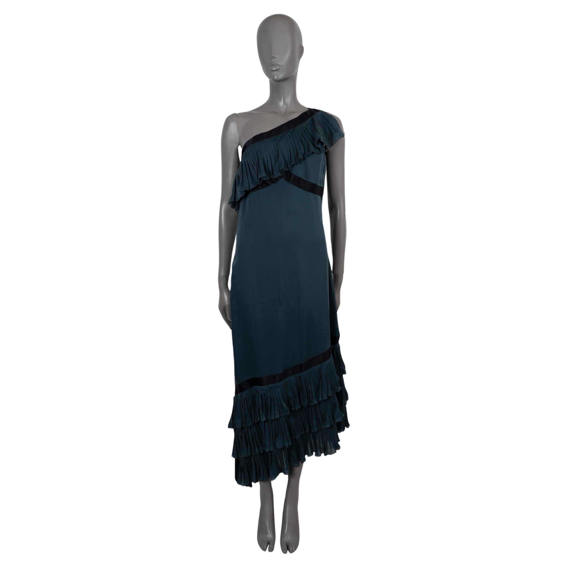 CHANEL petrol silk 2006 06C ASYMMETRIC PLEAT TRIM MIDI Dress 40 M For Sale