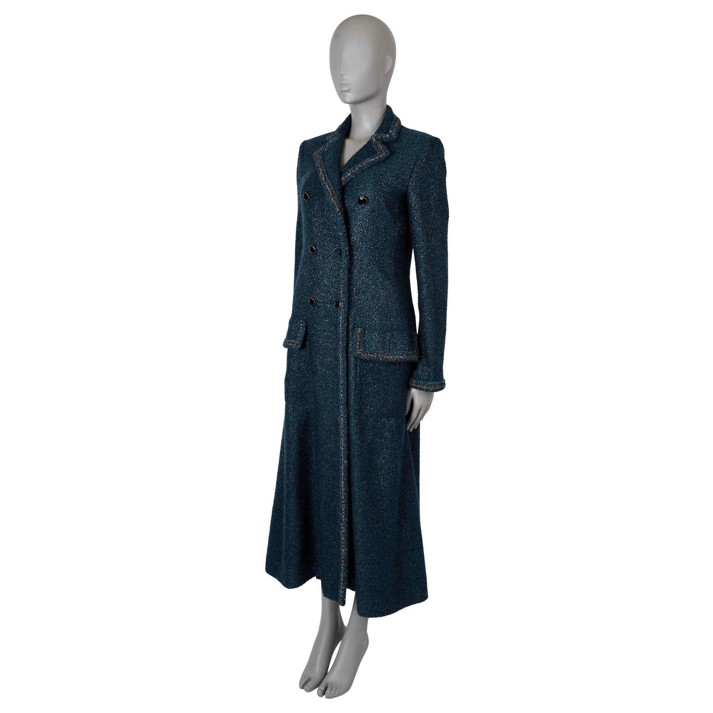 This 100% authentic Chanel lurex tweed maxi coat is crafted from a luxurious blend of petrol blue nylon (40%), wool (21%), polyester (16%), silk (12%), and mohair (11%). It features a tailored silhouette with a full length, notched lapels, and dark