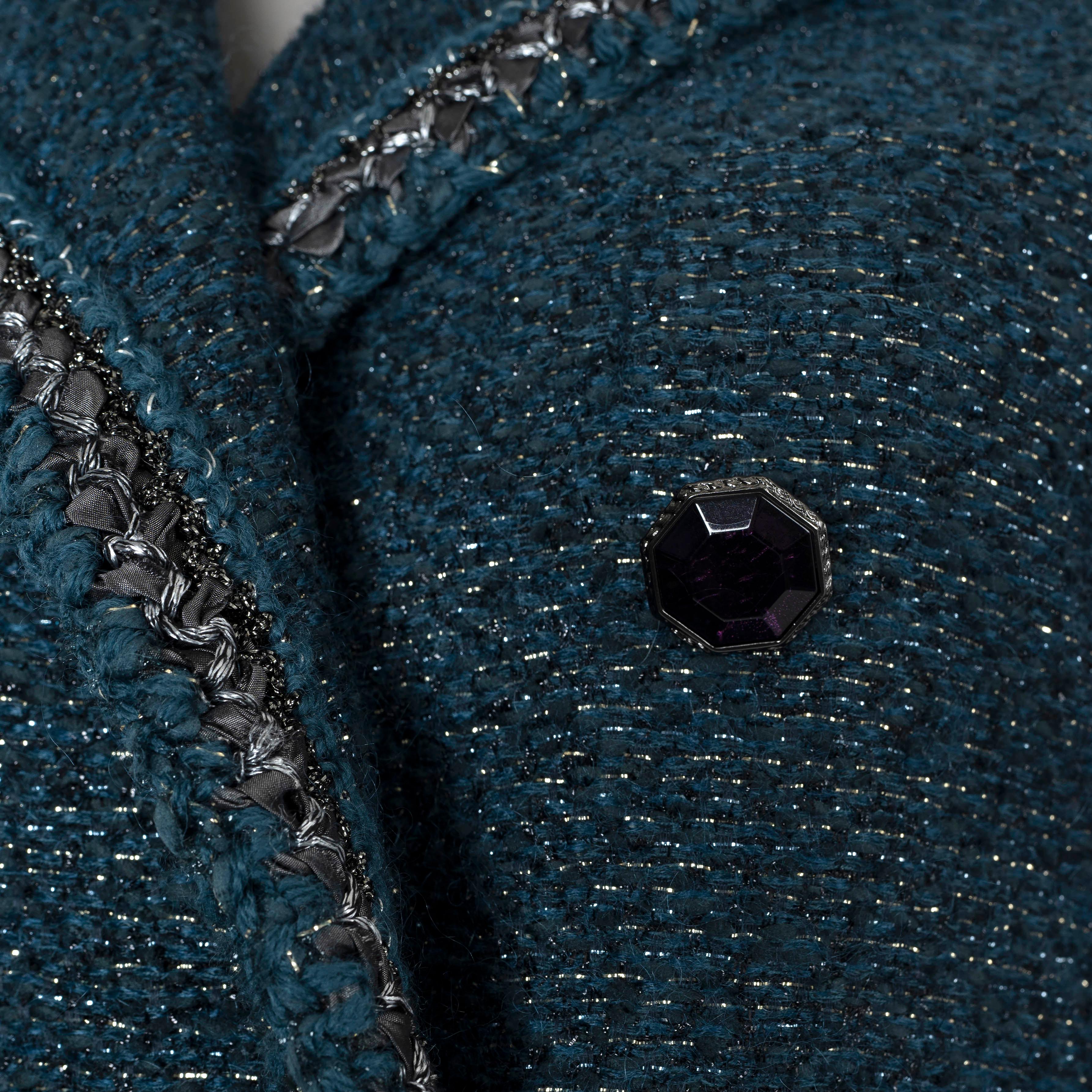CHANEL petrol wool 2012 12K LUREX TWEED MAXI Coat Jacket 38 S For Sale 1