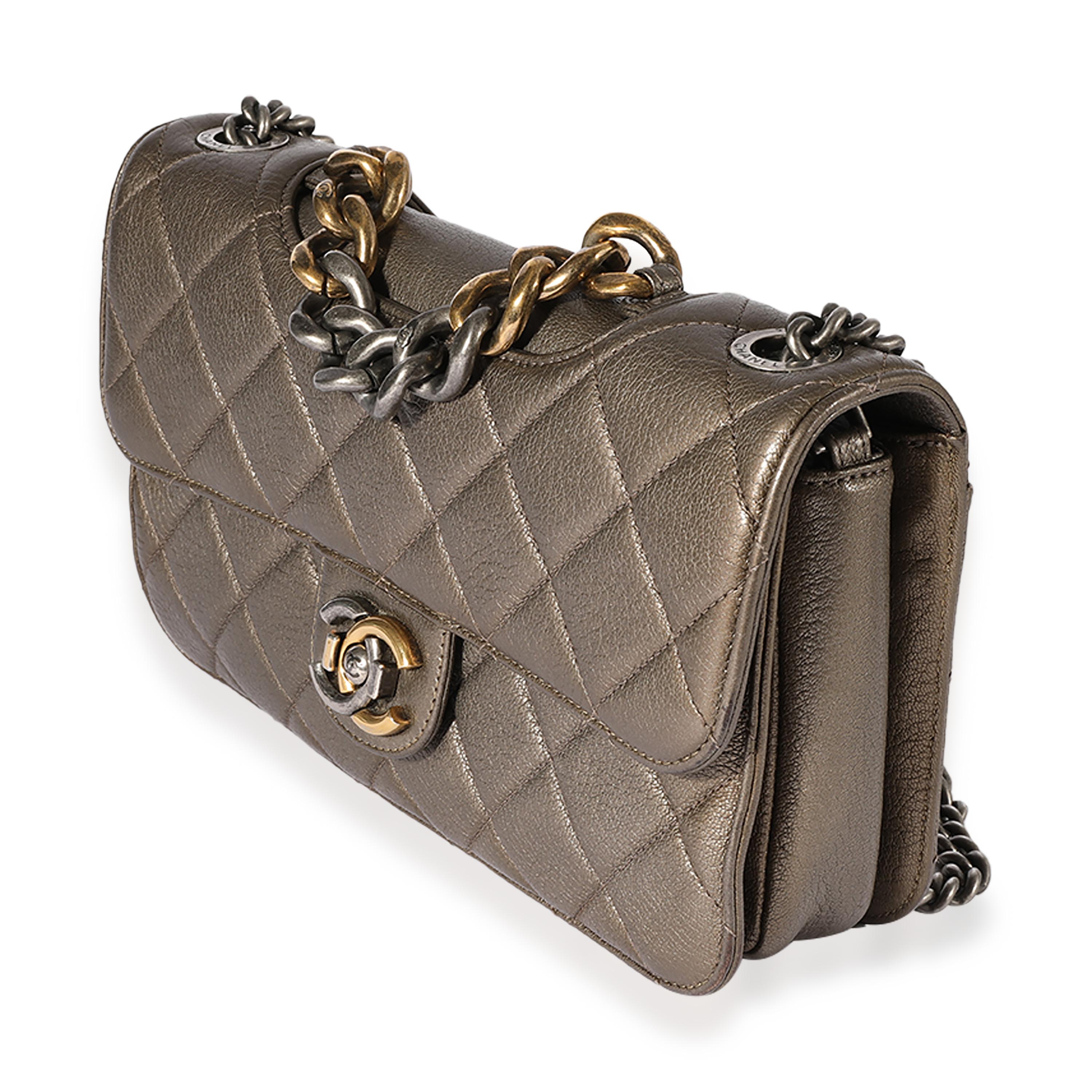 Chanel Pewter Quilted Leather Small Pondicherry Flap Bag In Excellent Condition In New York, NY