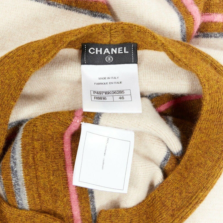 CHANEL PF14 beige multicolour stripe texture cashmere cowboy button ...