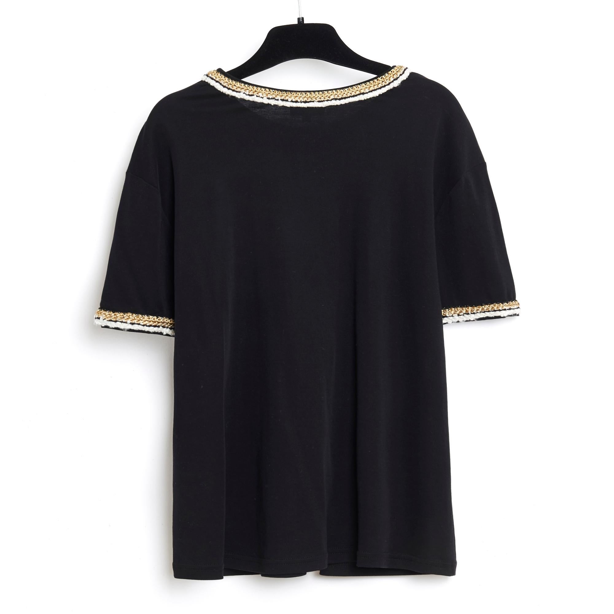 Chanel PF2017 Top FR38 Black Jersey Gold Trimming Ritz T shirt US8 For Sale 1