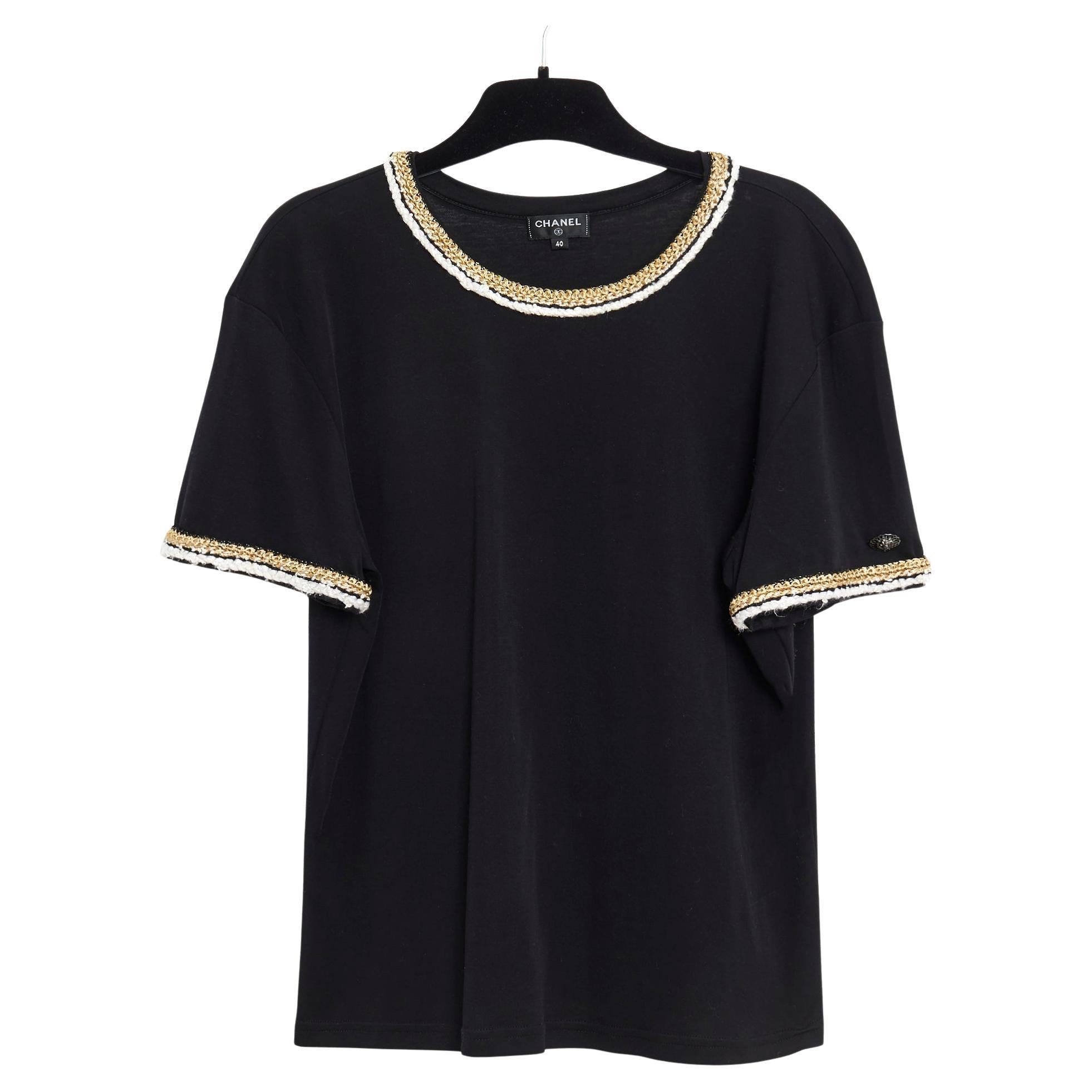 Chanel PF2017 Top FR38 Black Jersey Gold Trimming Ritz T shirt US8 For Sale