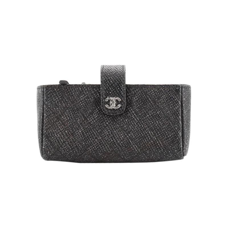 Chanel Phone Holder Clutch Quilted Glittered Calfskin Mini