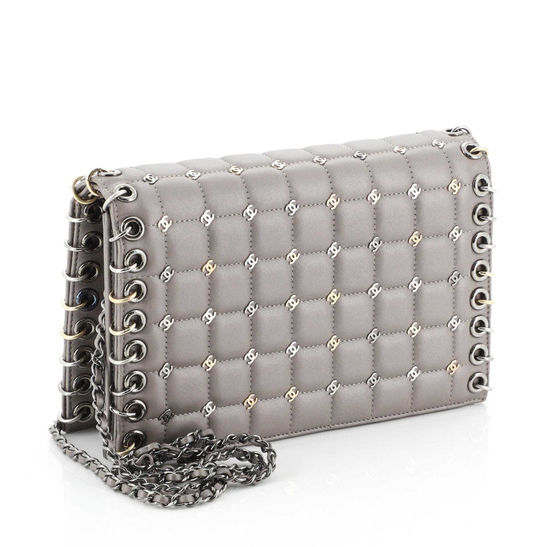 Gray Chanel Piercing Chain Flap Bag CC Studded Quilted Lambskin Small