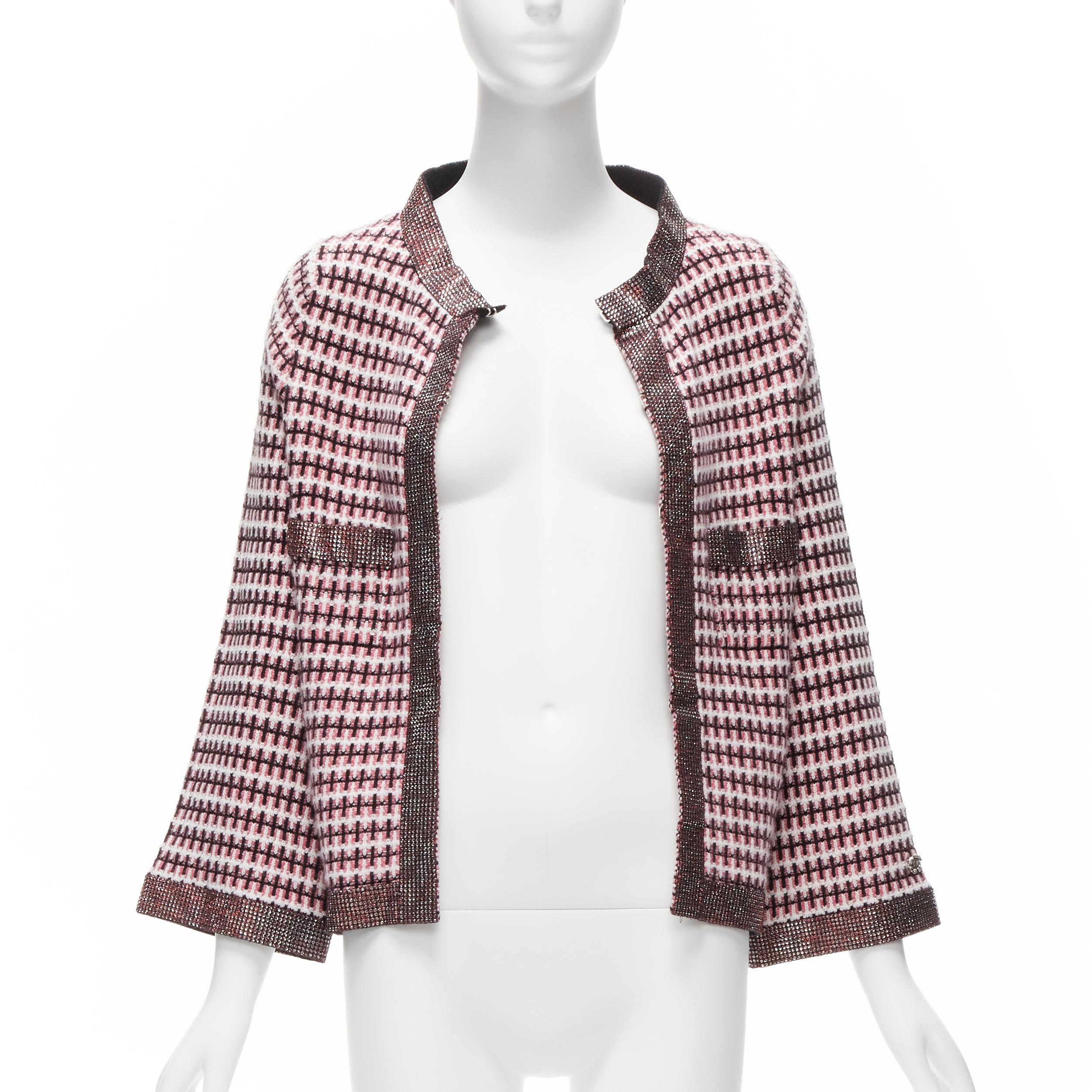 Brown CHANEL pink 100% cashmere tweed crystal trim swing cardigan jacket FR34 XS For Sale