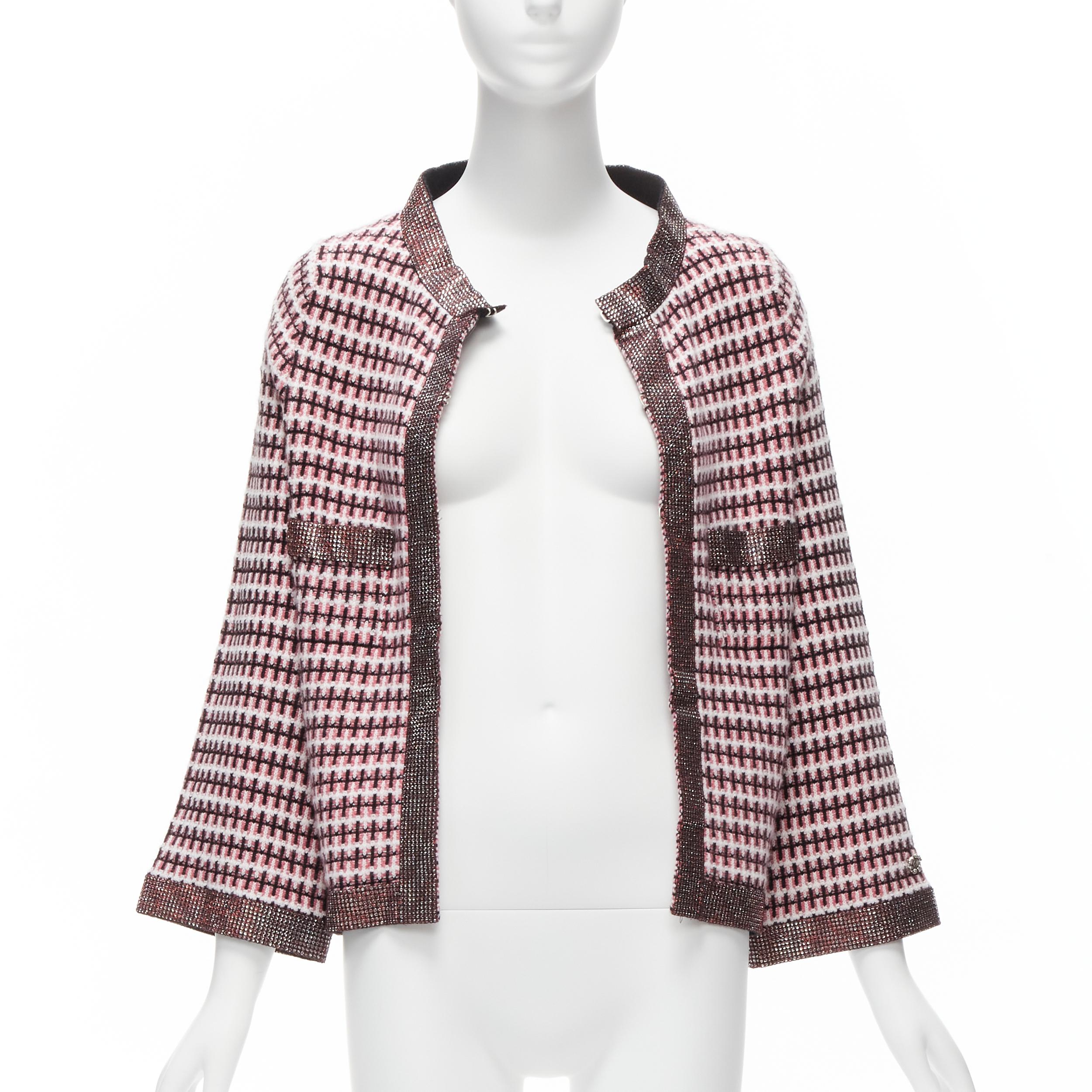 Gray CHANEL pink 100% cashmere tweed crystal trim swing cardigan jacket FR34 XS For Sale
