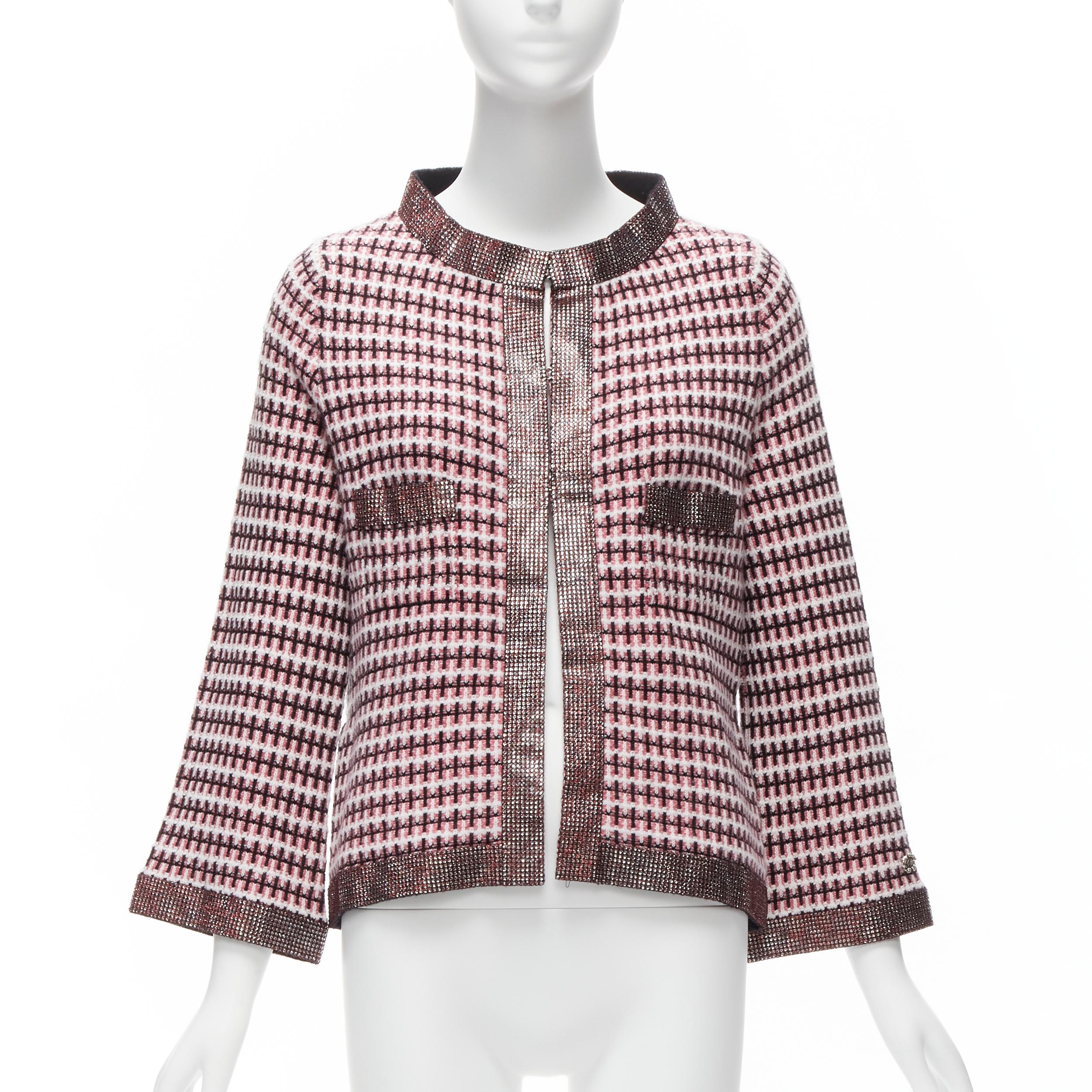 CHANEL pink 100% cashmere tweed crystal trim swing cardigan jacket FR34 XS For Sale