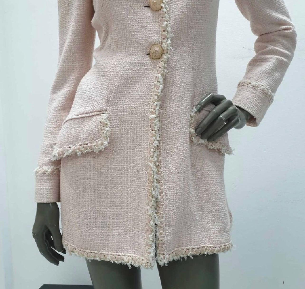 Chanel Pink 13c Cruise 2013 Boucle Fringe Military Style Pea Jacket Coat In Excellent Condition In Krakow, PL