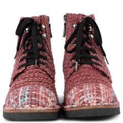 CHANEL pink 2014 14B TWEED LACE-UP Ankle Boots Shoes 38.5 fit 38