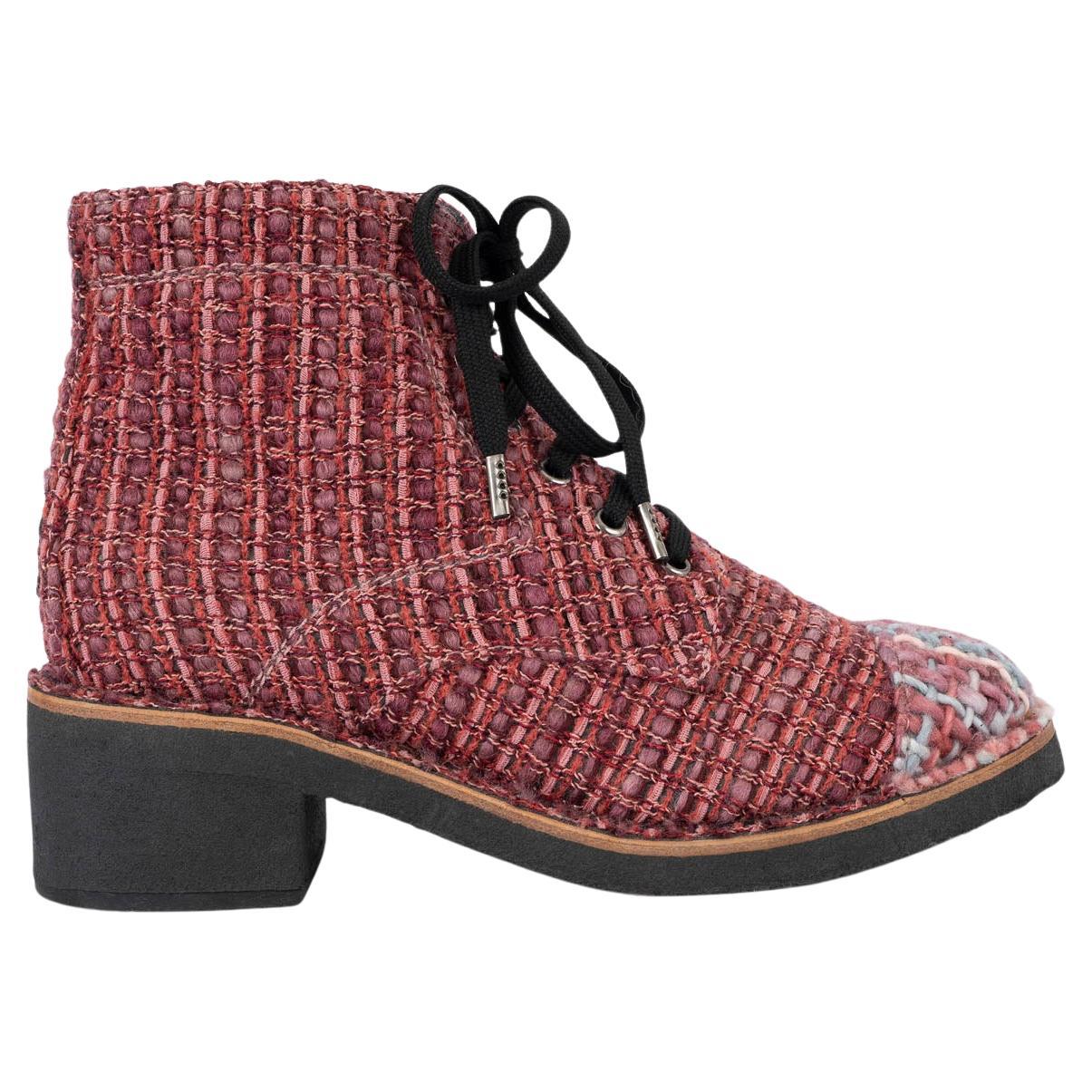 CHANEL pink 2014 14B TWEED LACE-UP Ankle Boots Shoes 38.5 fit 38 For Sale