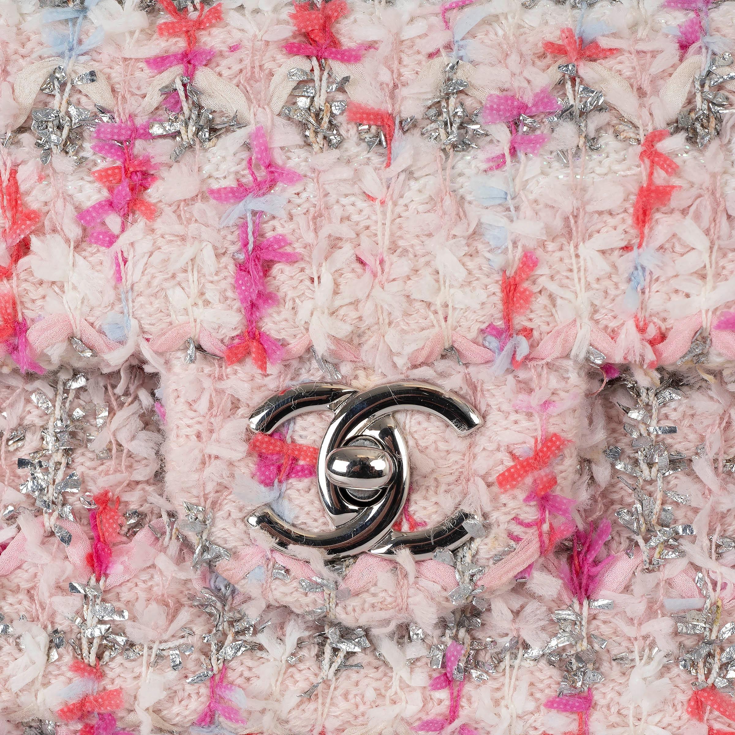 CHANEL pink 2018 18S RIBBON DETAILED KNIT TWEED CLASSIC MINI FLAP Bag For Sale 2