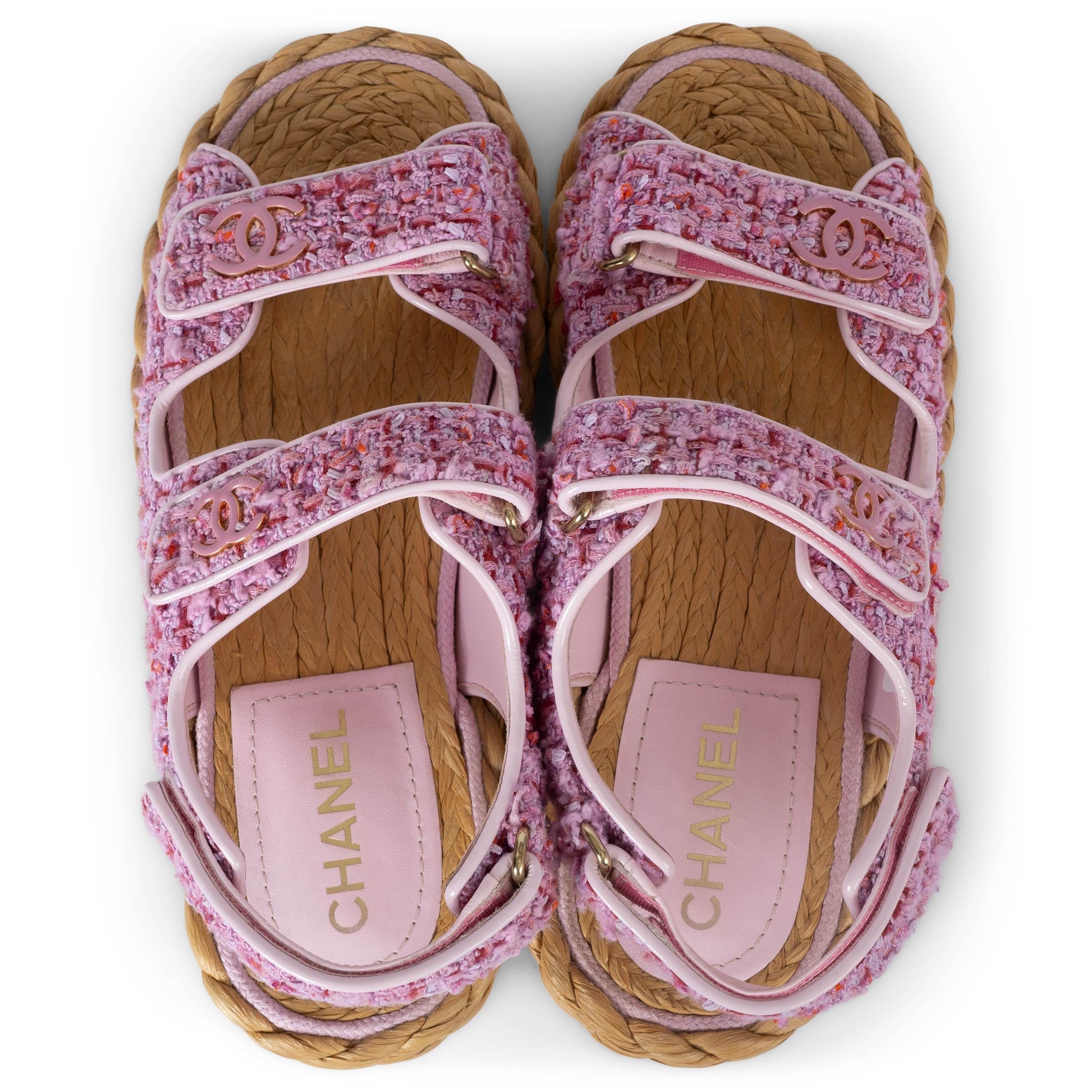 CHANEL pink 22P DAD TWEED Flats Sandals Shoes 39.5 For Sale 1