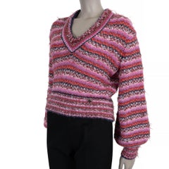 CHANEL pink alpaca 22A FLORENCE STRIPED V-NECK Sweater 36 XS