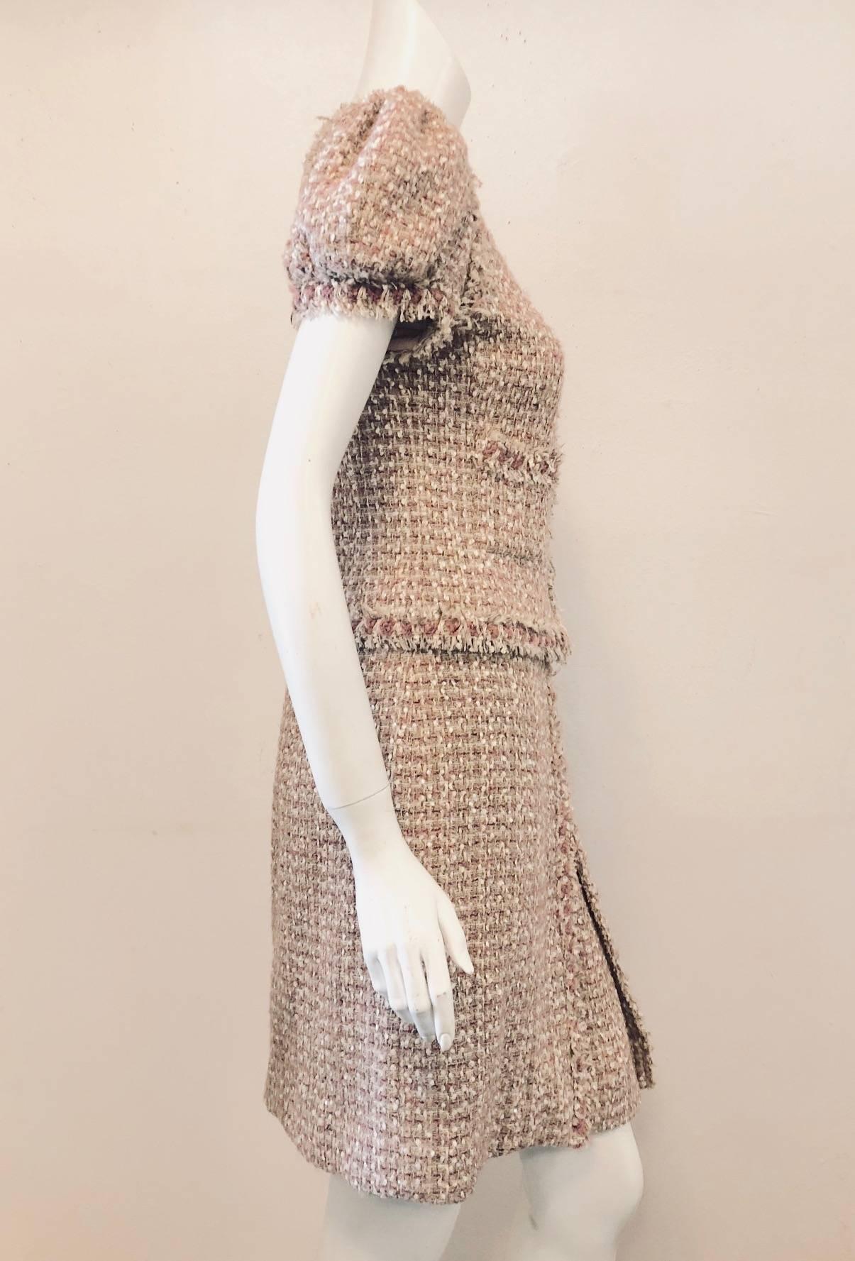 Brown Chanel Pink and Beige Poof Sleeve Skirt Suit with Front Inverted Pleat