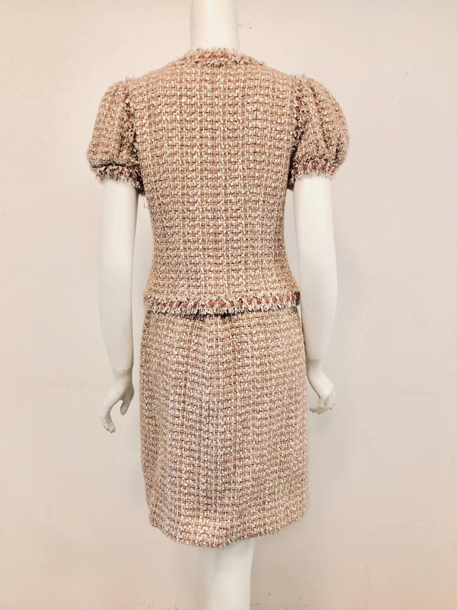 Chanel Pink and Beige Poof Sleeve Skirt Suit with Front Inverted Pleat In Excellent Condition In Palm Beach, FL