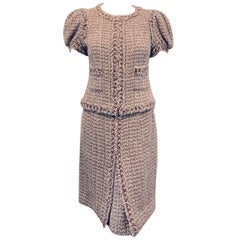 Chanel Pink and Beige Poof Sleeve Skirt Suit with Front Inverted Pleat
