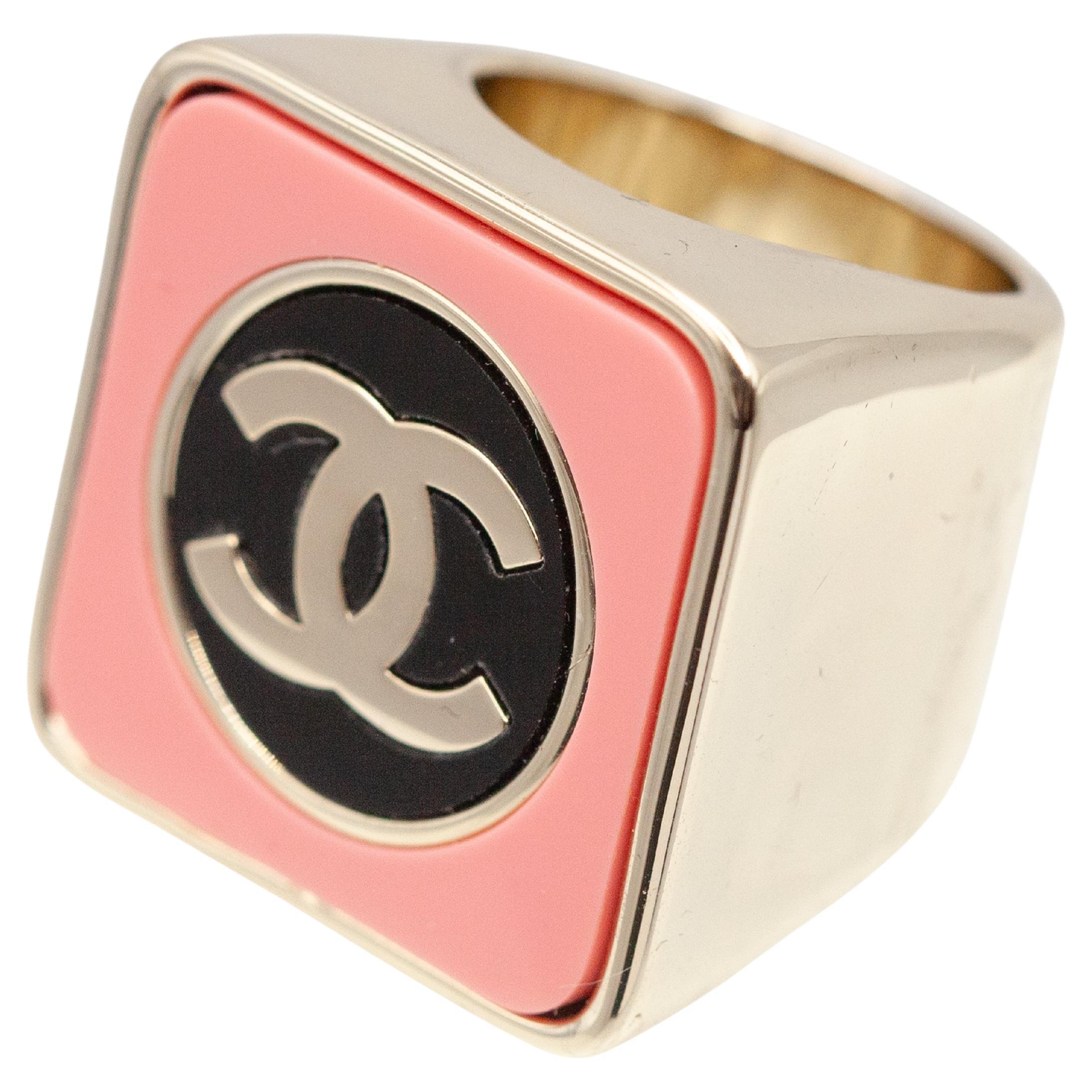 Chanel Pink and Black Logo Statement Ring