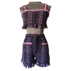 Chanel – Pink and Black Tweed Crop Top and Shorts Set with Fringe Trim, 2010s