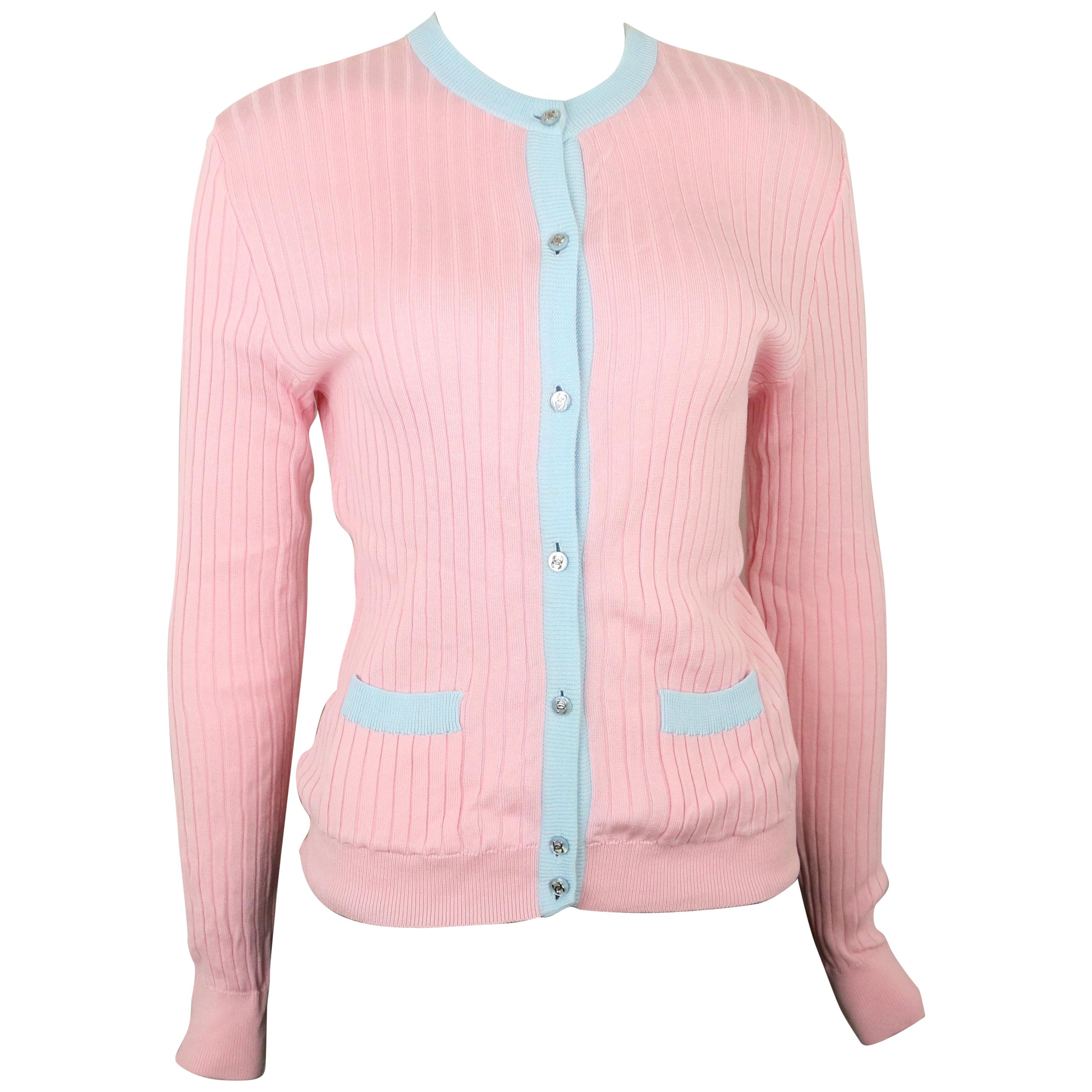 Chanel Pink and Blue Trimming Cardigan 