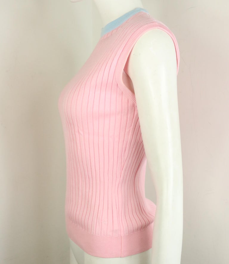 Women's Chanel Pink and Blue Trimming Sleevesless Top For Sale