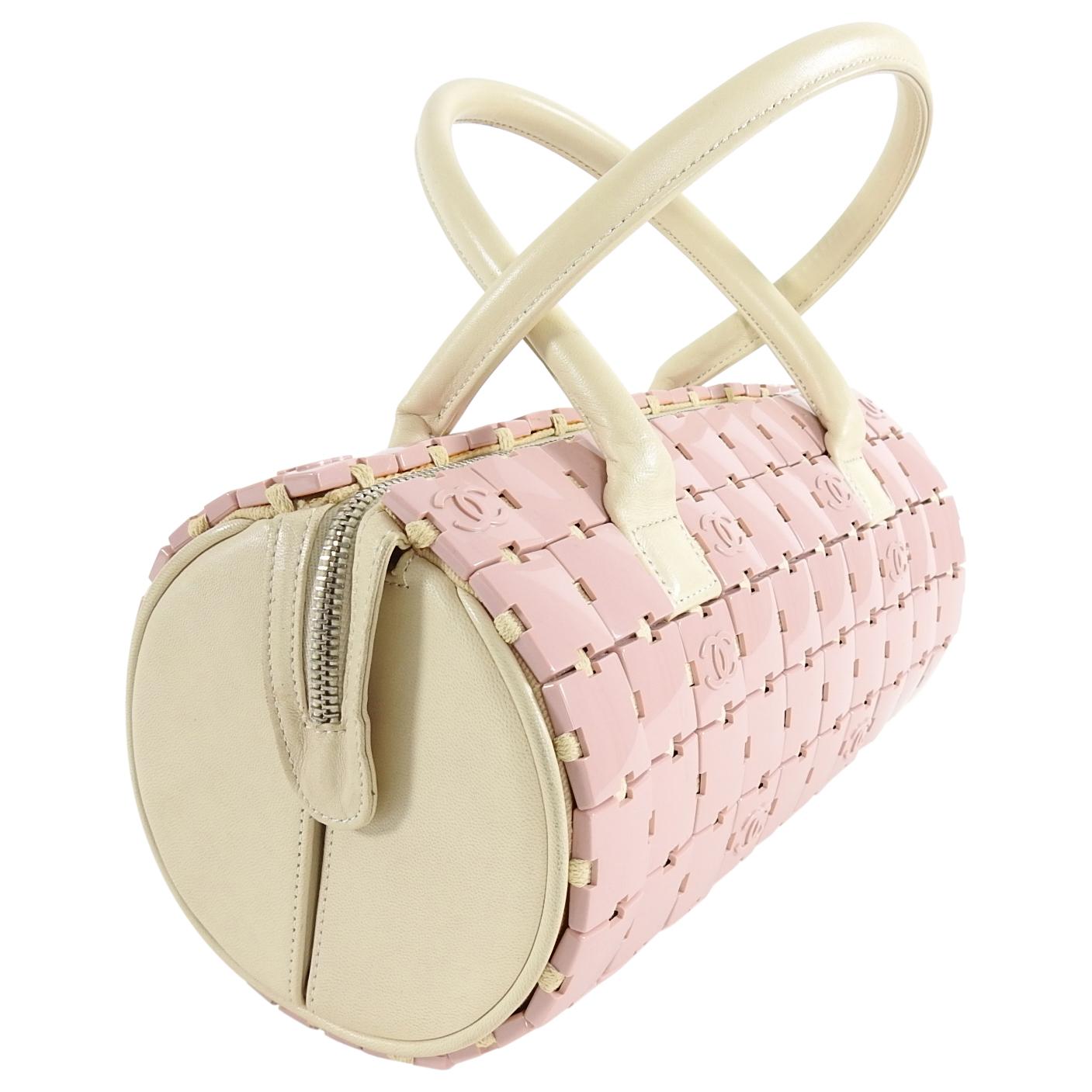 White Chanel Pink and Ivory CC Logo Resin Tile Barrel Bag
