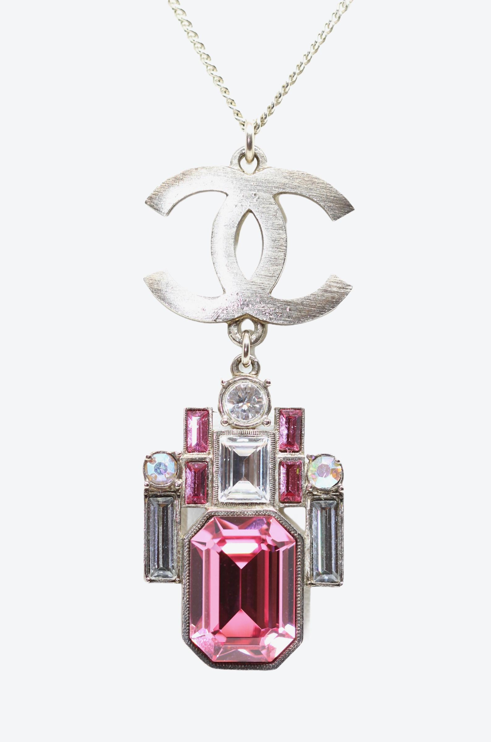 Baguette Cut Chanel Pink and White Crystal Baguettes CC Pendant Necklace