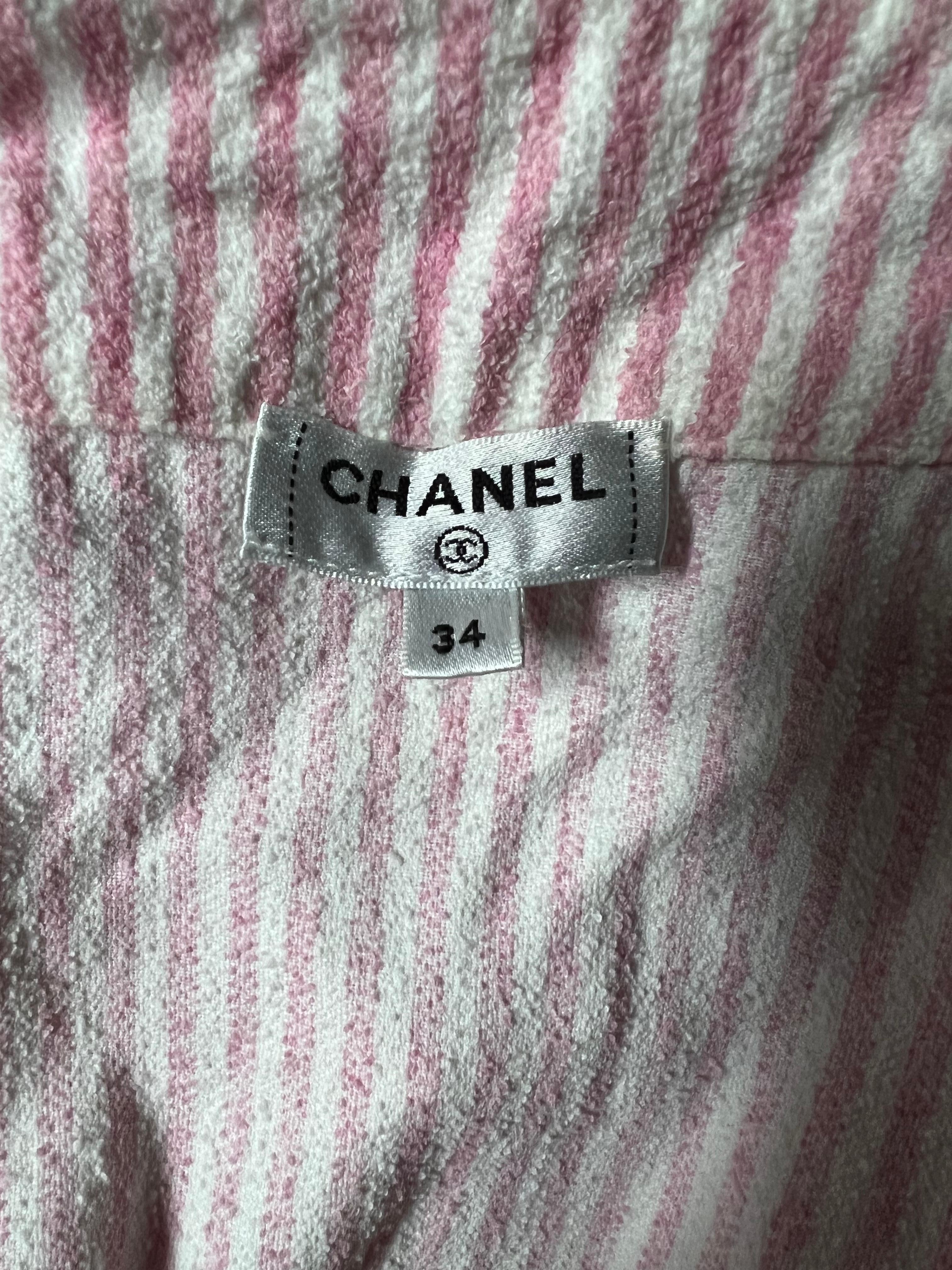 Women's Chanel Pink and White Terry Cloth Robe Jacket, Size 34 For Sale