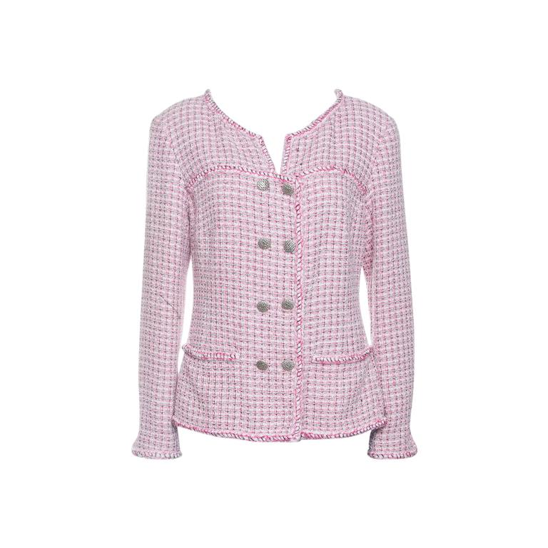 Chanel Pink and White Textured Double Breasted Jacket L