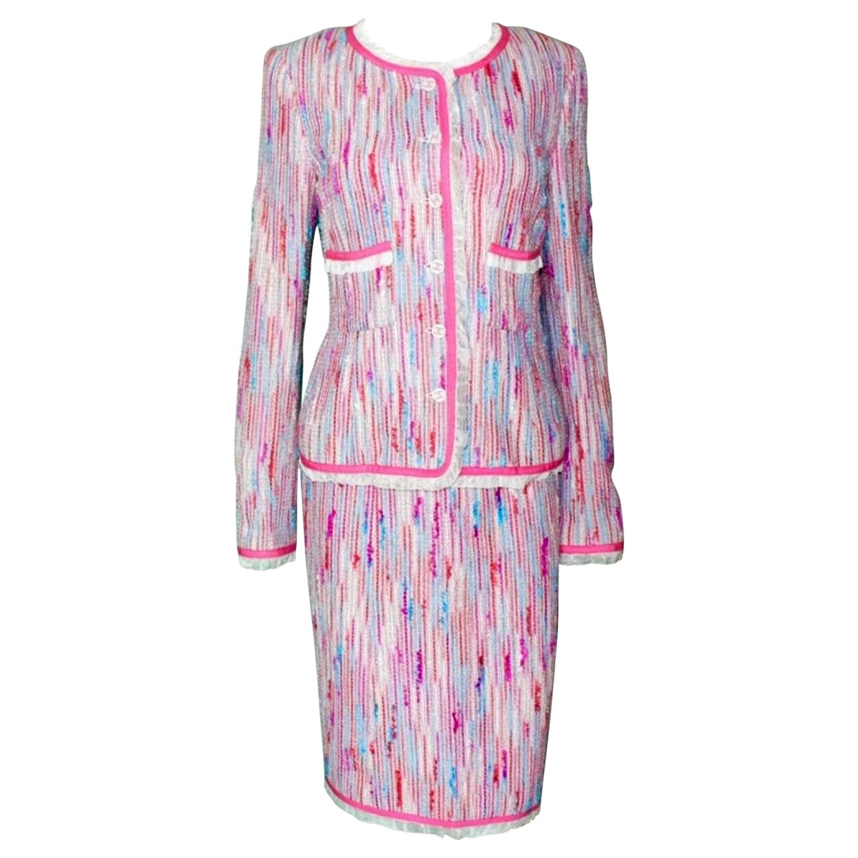CHANEL Pink "Barbie" Tweed Top Skirt & Jacket 3 PCS Suit Ensemble 38/40 For Sale