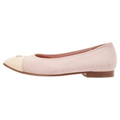 Chanel Pink/Beige Canvas and Patent Cap Toe CC Ballet Flats Size 37.5