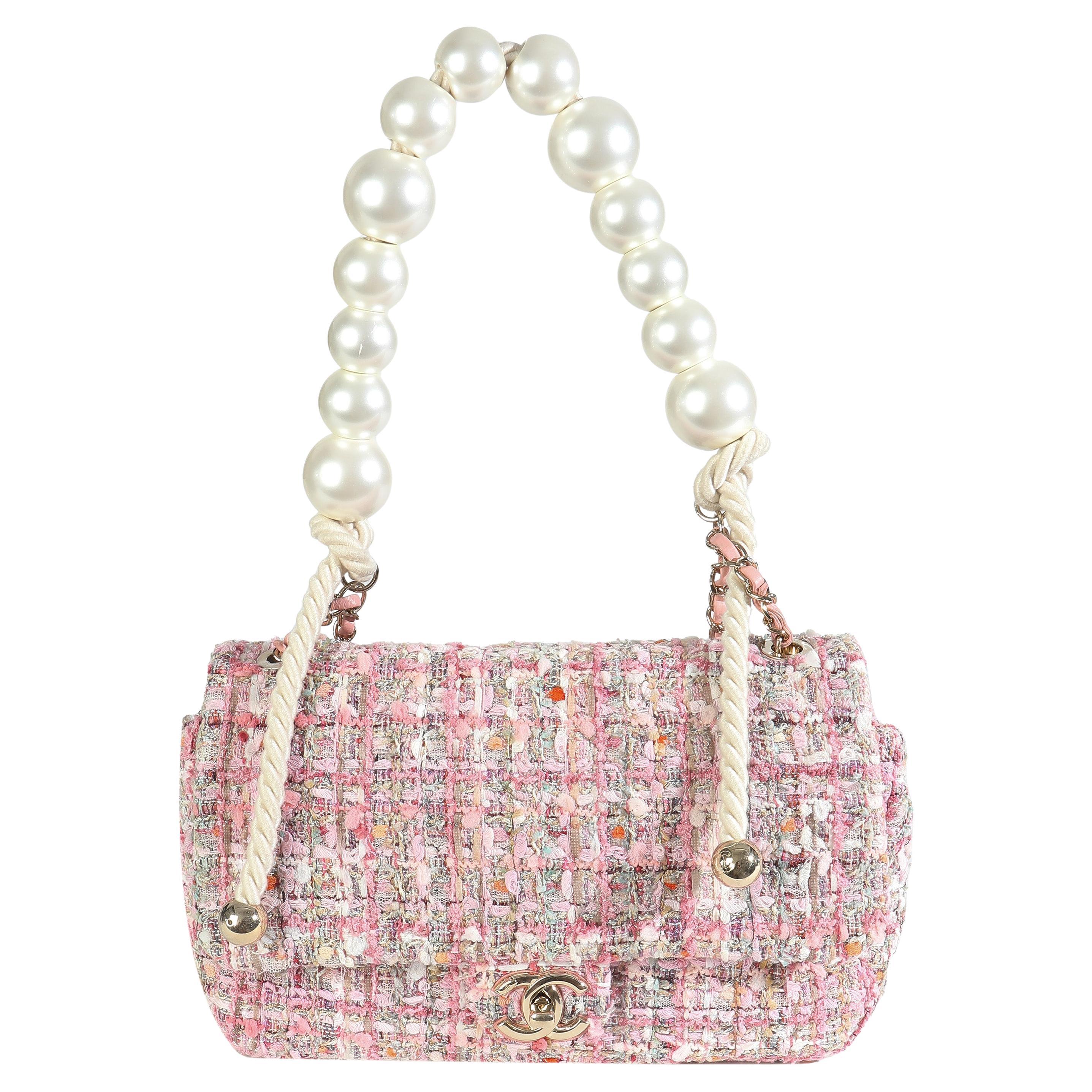 Chanel Bolso Solapa Rosa Beige Naranja Crudo Tweed Medio Asa Perla en venta