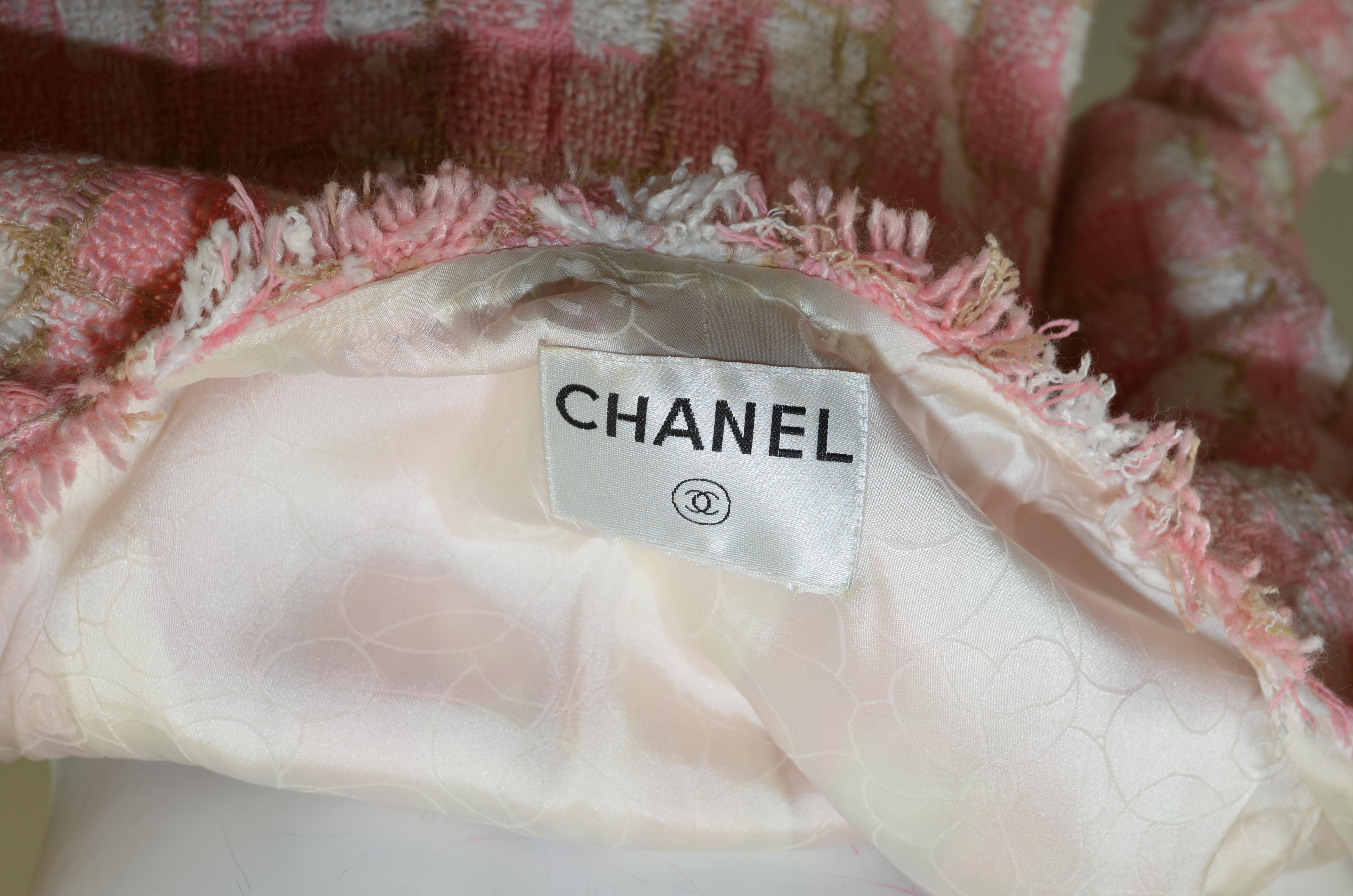 Chanel Pink, Beige Tweed Knit Skirt and Jacket Set with Chiffon Trim 4