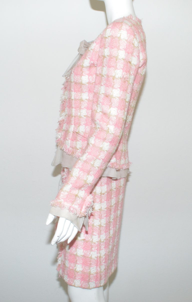 Chanel Pink, Beige Tweed Knit Skirt and Jacket Set with Chiffon Trim For  Sale at 1stDibs