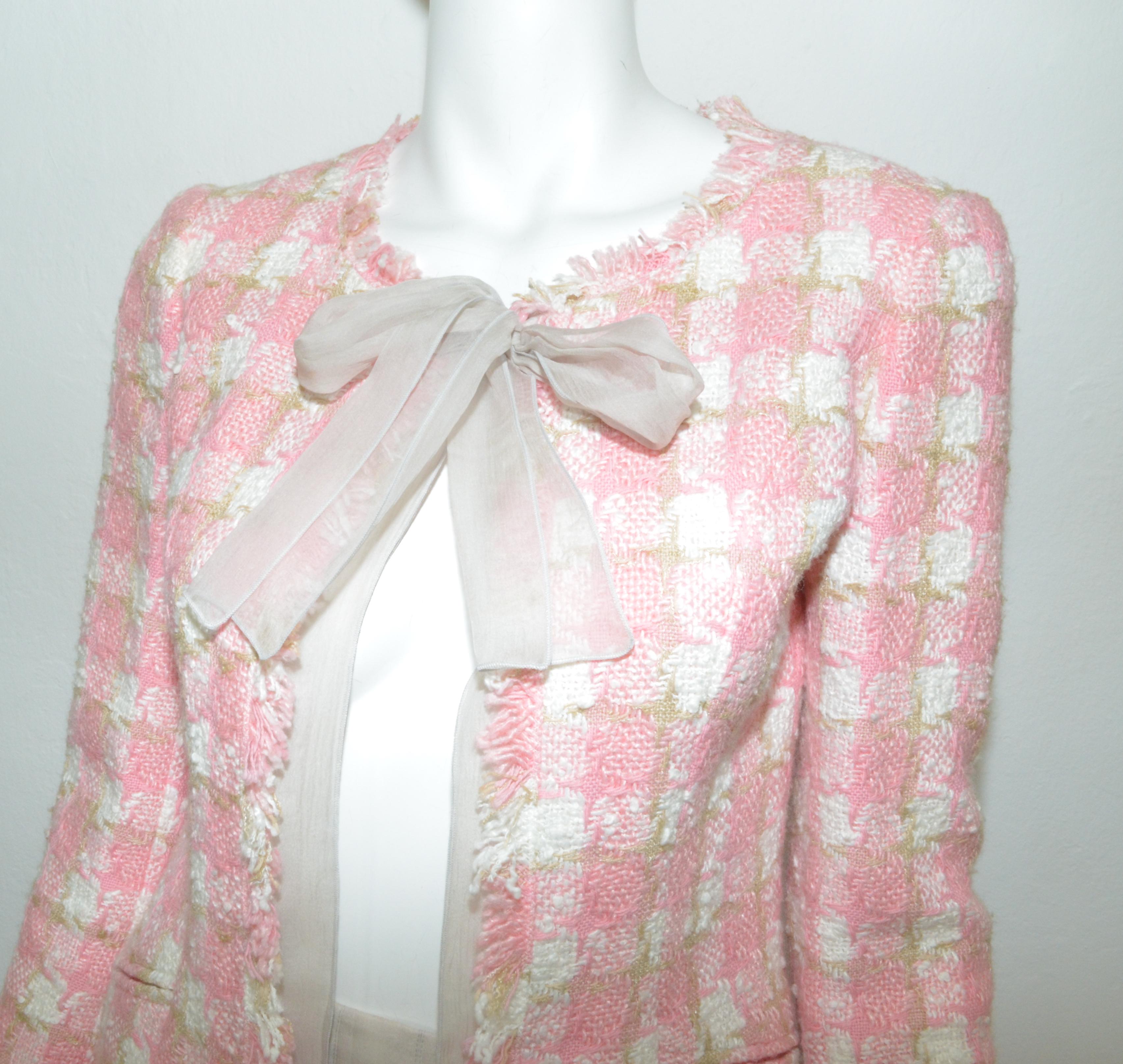 Chanel Pink, Beige Tweed Knit Skirt and Jacket Set with Chiffon Trim In Excellent Condition In Carmel, CA