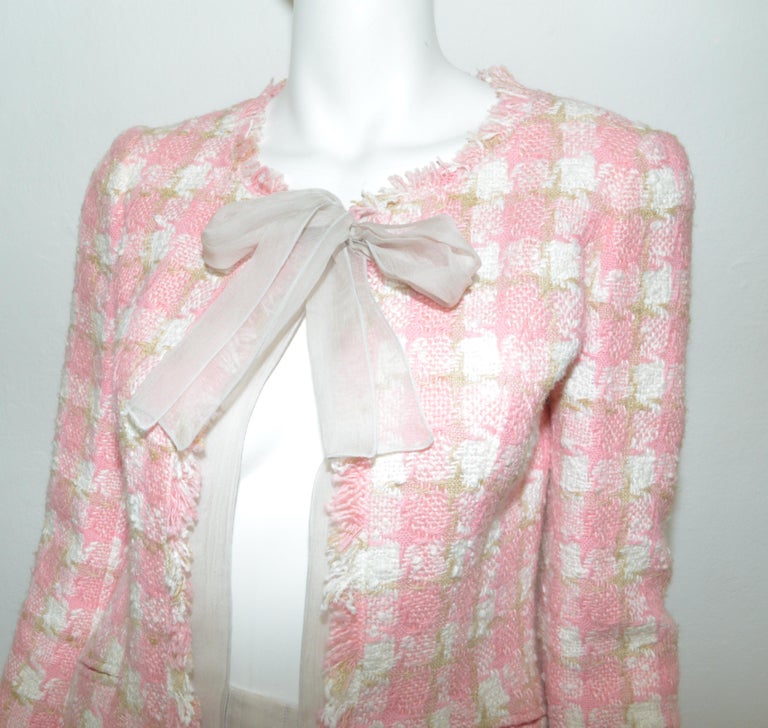 Sold at Auction: Chanel, Chanel Pink Tweed Applique Jacket & Skirt Set S40
