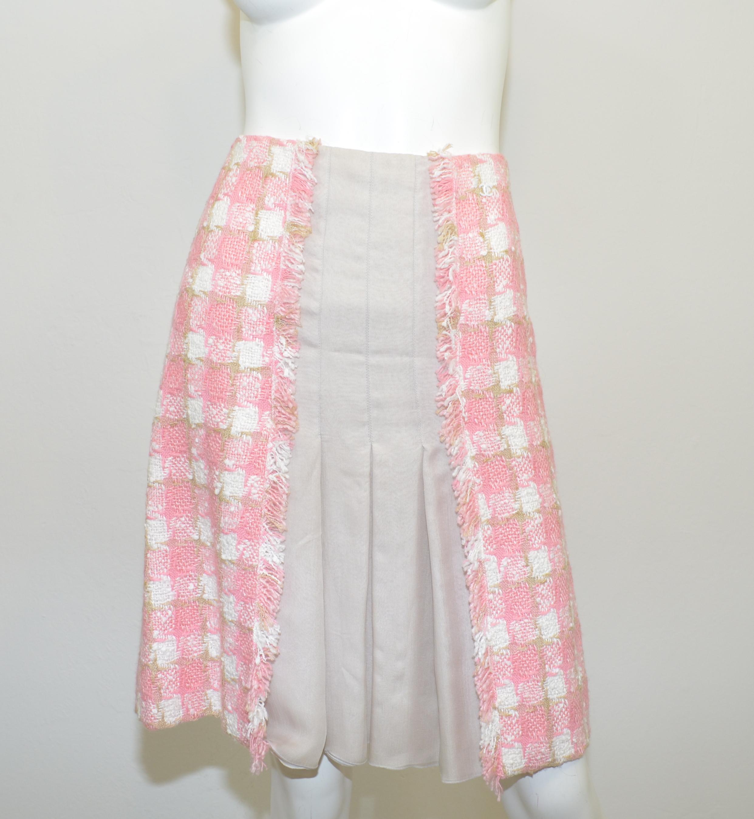 Women's Chanel Pink, Beige Tweed Knit Skirt and Jacket Set with Chiffon Trim