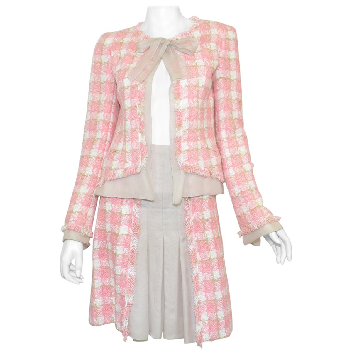 Chanel Pink, Beige Tweed Knit Skirt and Jacket Set with Chiffon