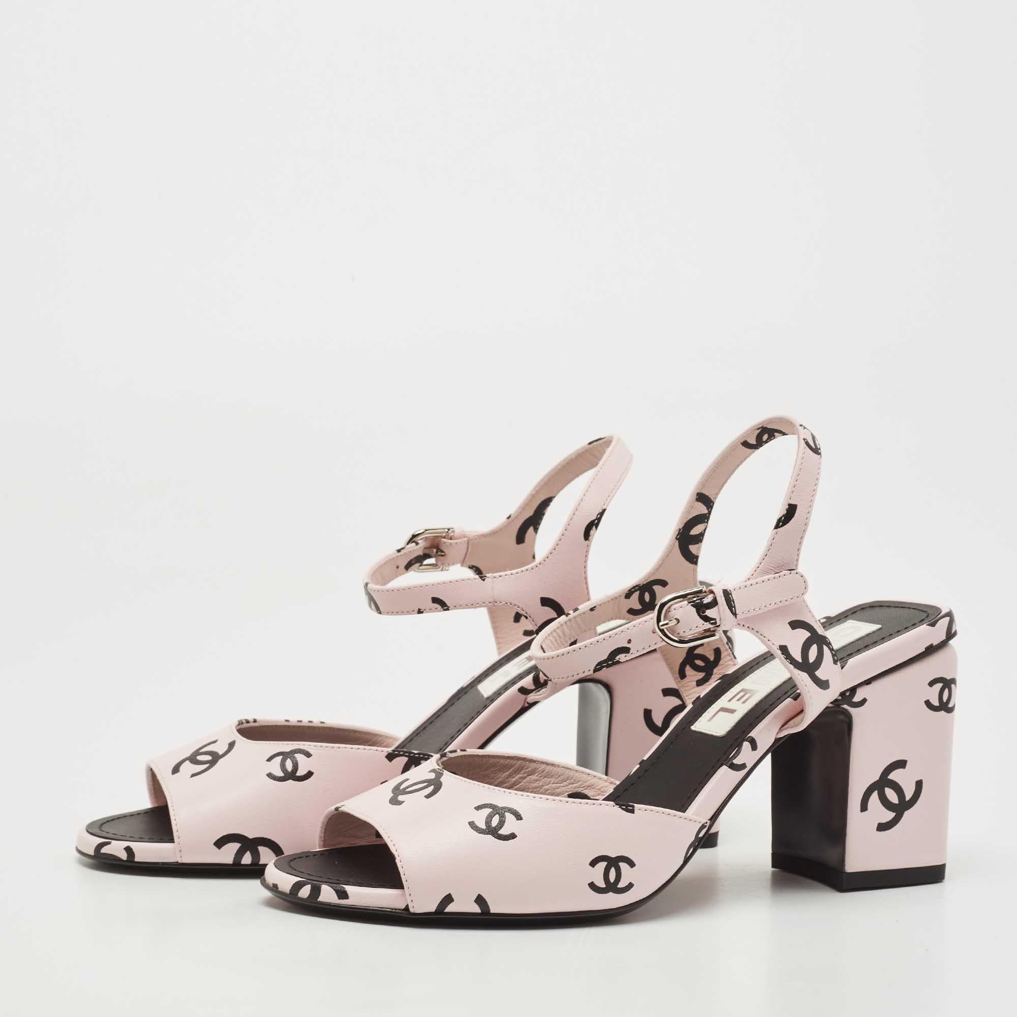 Women's Chanel Pink/Black CC Print Leather Ankle Strap Sandals Size 37