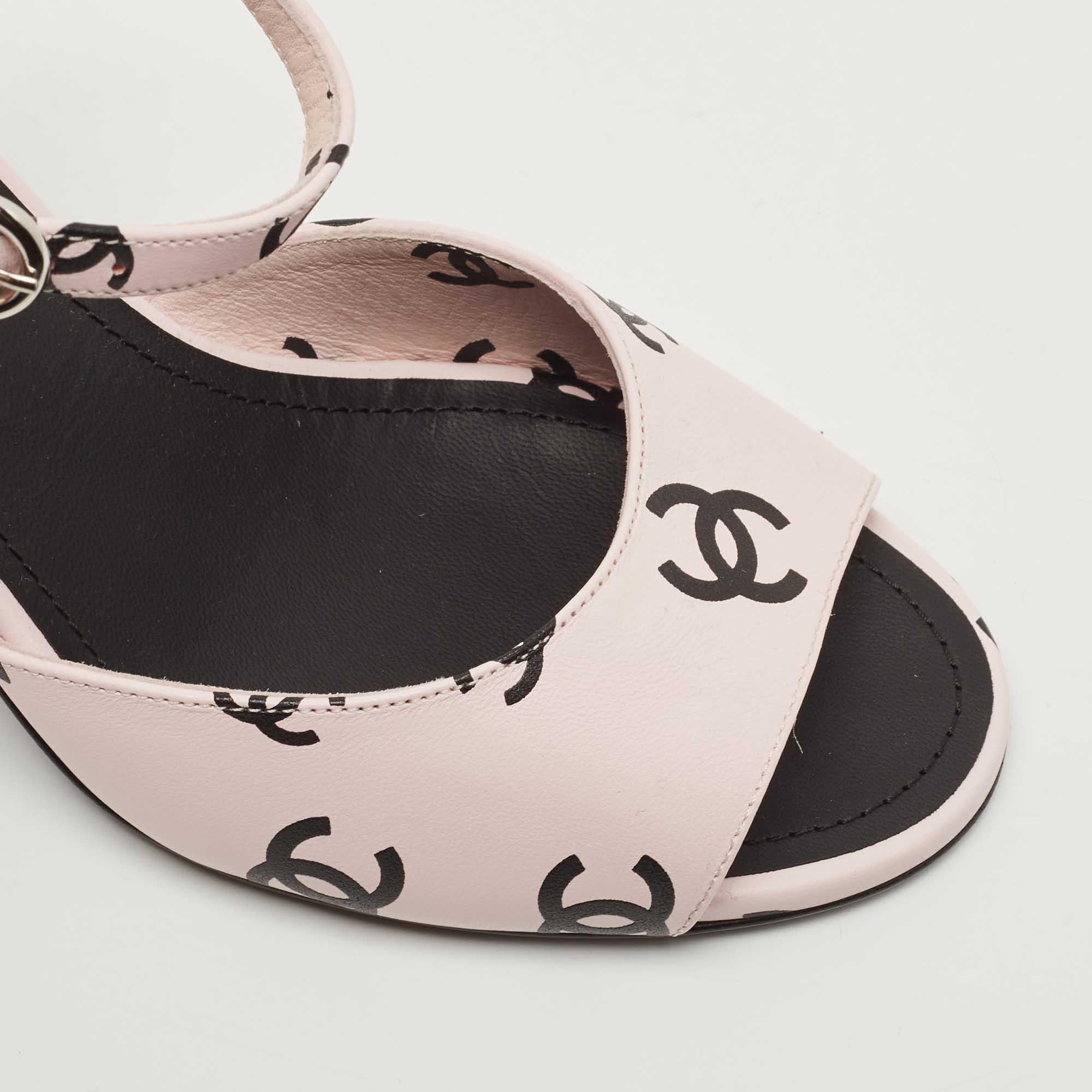 Chanel Pink/Black CC Print Leather Ankle Strap Sandals Size 37 2