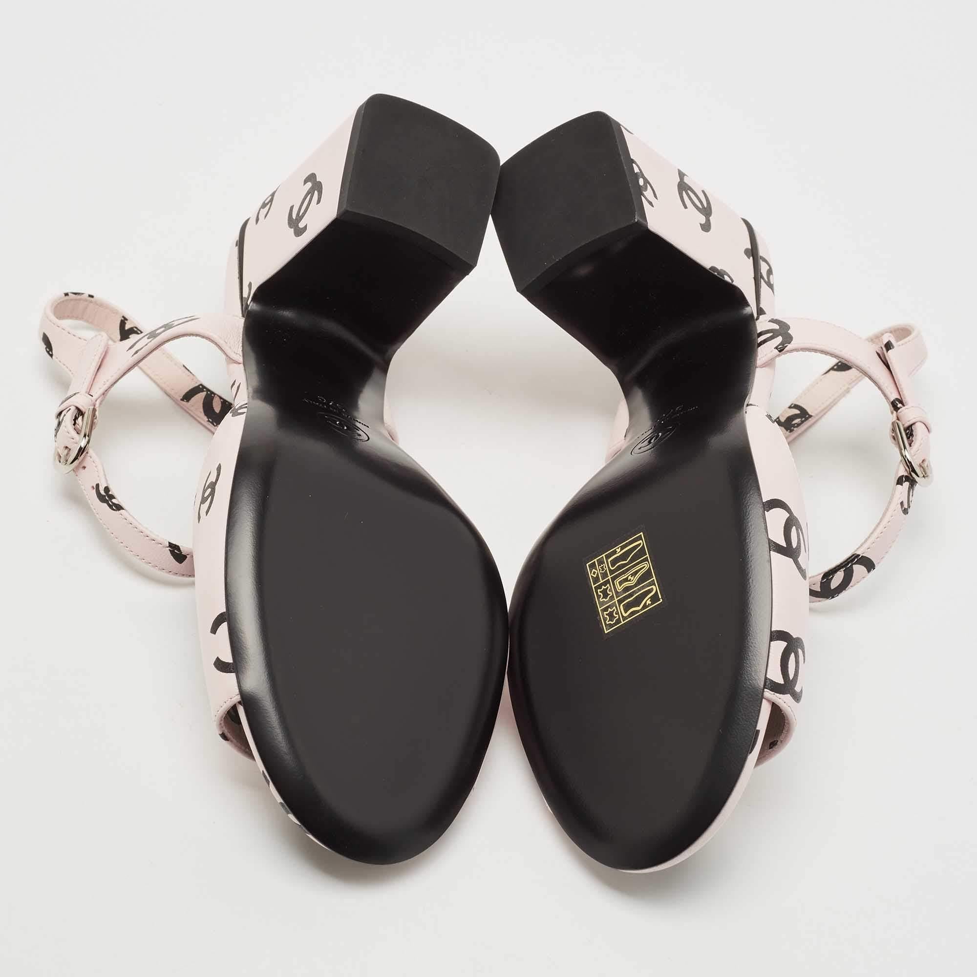 Chanel Pink/Black CC Print Leather Ankle Strap Sandals Size 37 5