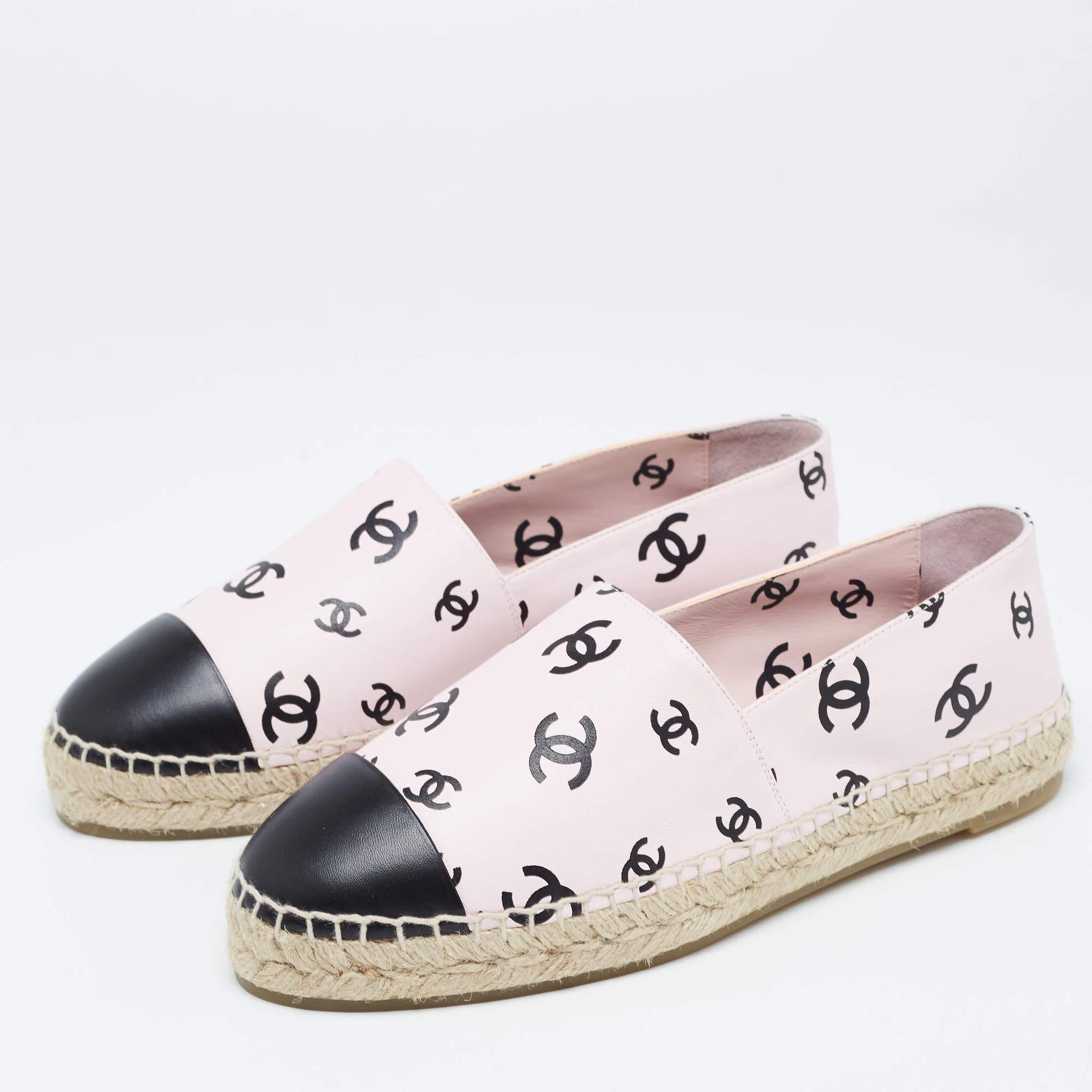 Chanel Pink/Black CC Print Leather Espadrille Flats Size 41 1